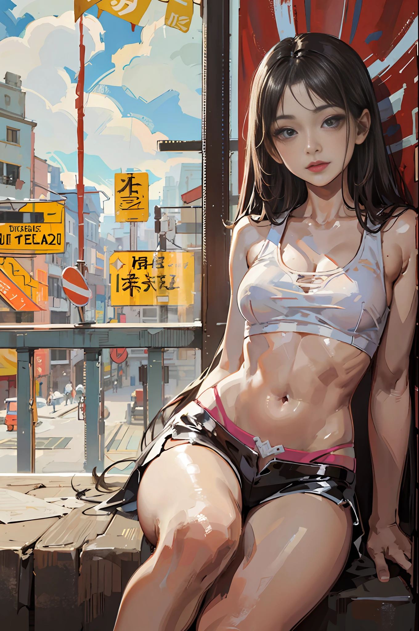 1 Beautiful young Asian girl 15 year, sitting in the square, sem camisa, cabelos sobre o seios, calcinha rosa, Looking at camera, pose Asians --auto --s2