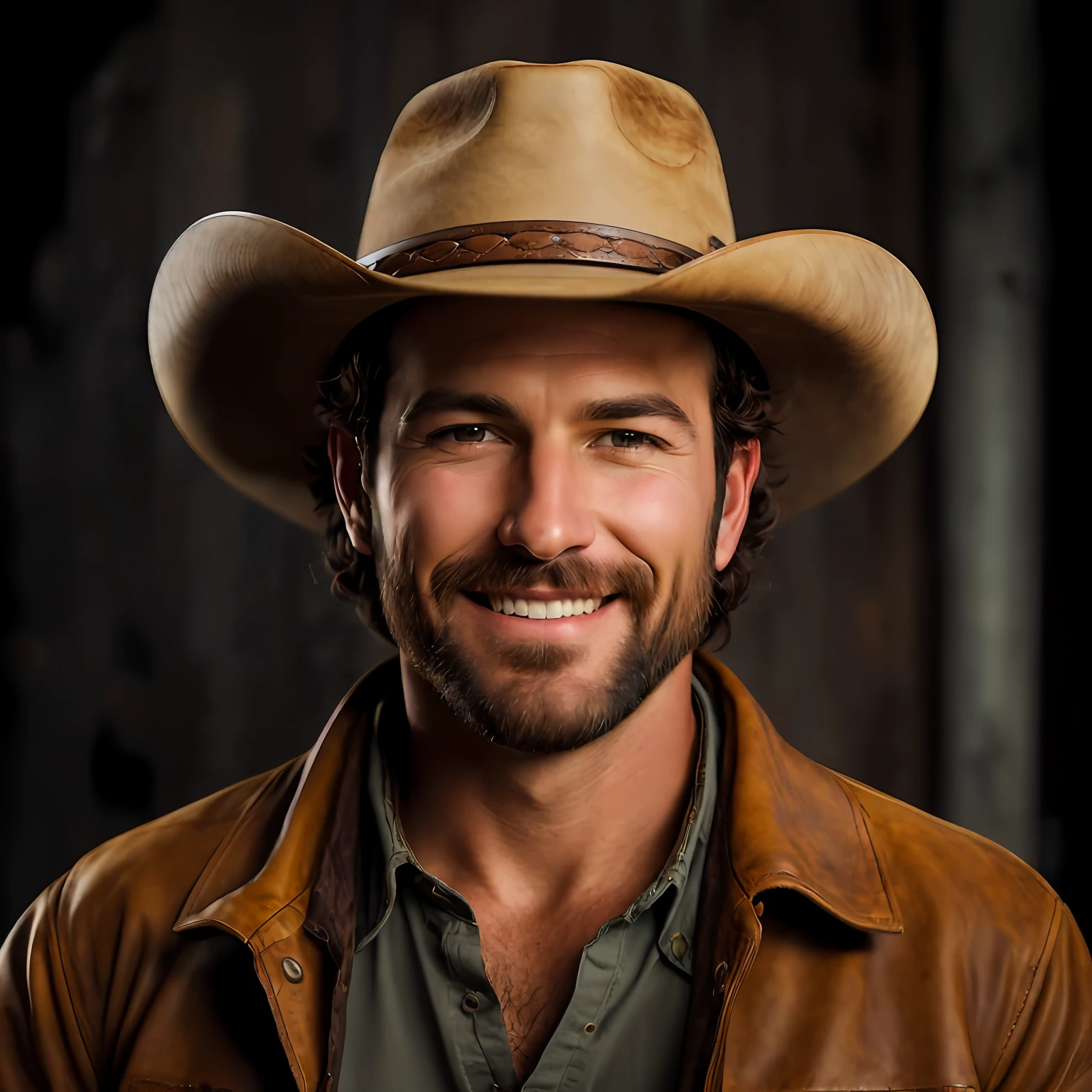arafed man wearing a hat and smiling for a picture, caracter with brown hat, cowboy portrait male, cowboy portrait, wearing a cowboy hat, mexican vaquero, wearing cowboy hat, portrait of a cowboy, cowboy, portrait of rugged male ranger, portrait of a rugged ranger, handsome man, symmetry!! portrait of a cowboy, smiling male