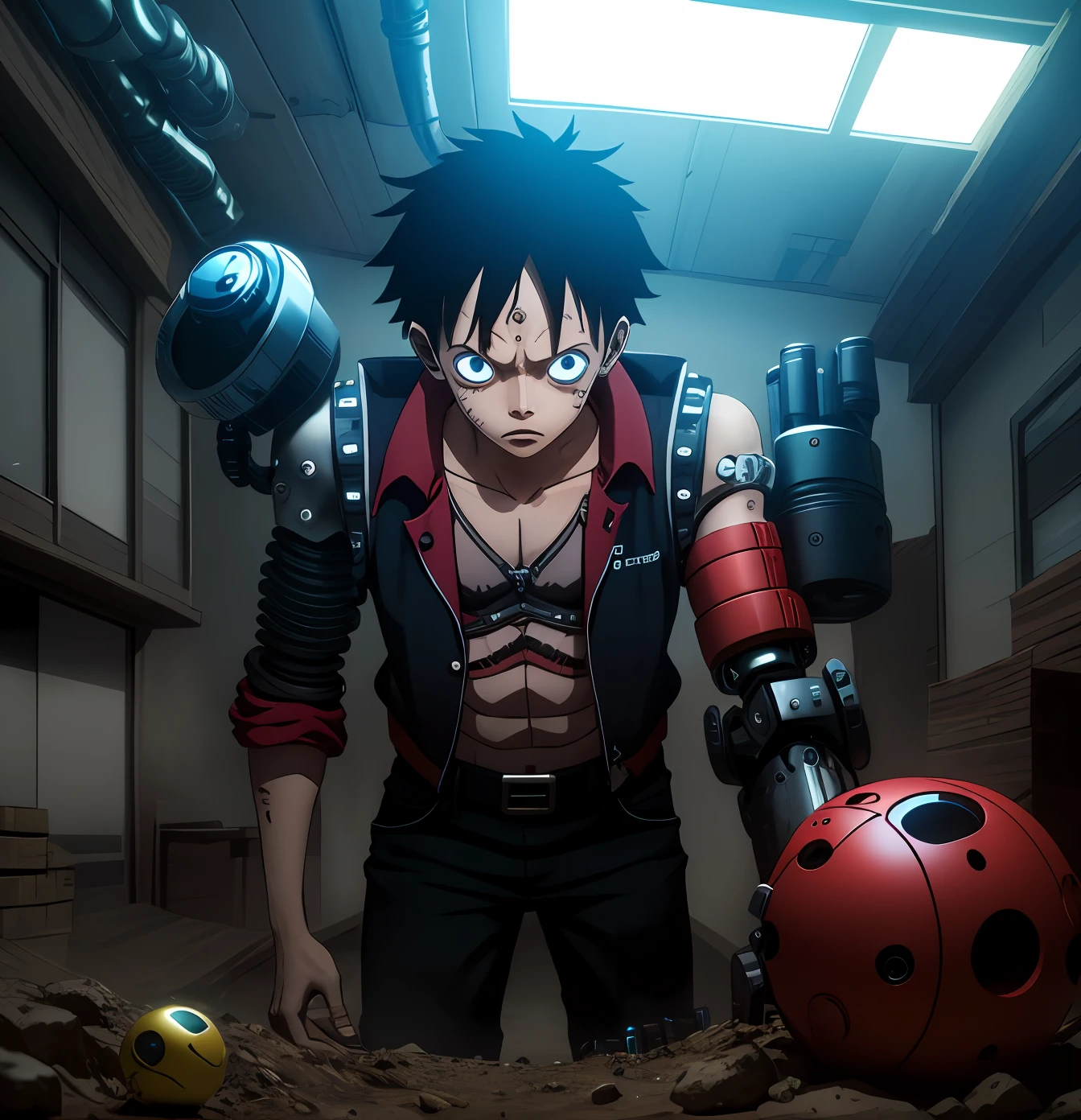 d. Luffy, straw hat, sozinho, corpo inteiro, (melhor qualidade), (Very detailed), profundidade de campo, esquete, sombras escuras, foco nítido, a dark illumination, HdR, good composition, Ambiente futurista e escuro, screencap anime, Cicatrizes abaixo dos Olhos, olhos negros, android, Cyberpunk, Technological implants, Technological prostheses , mechanical arm