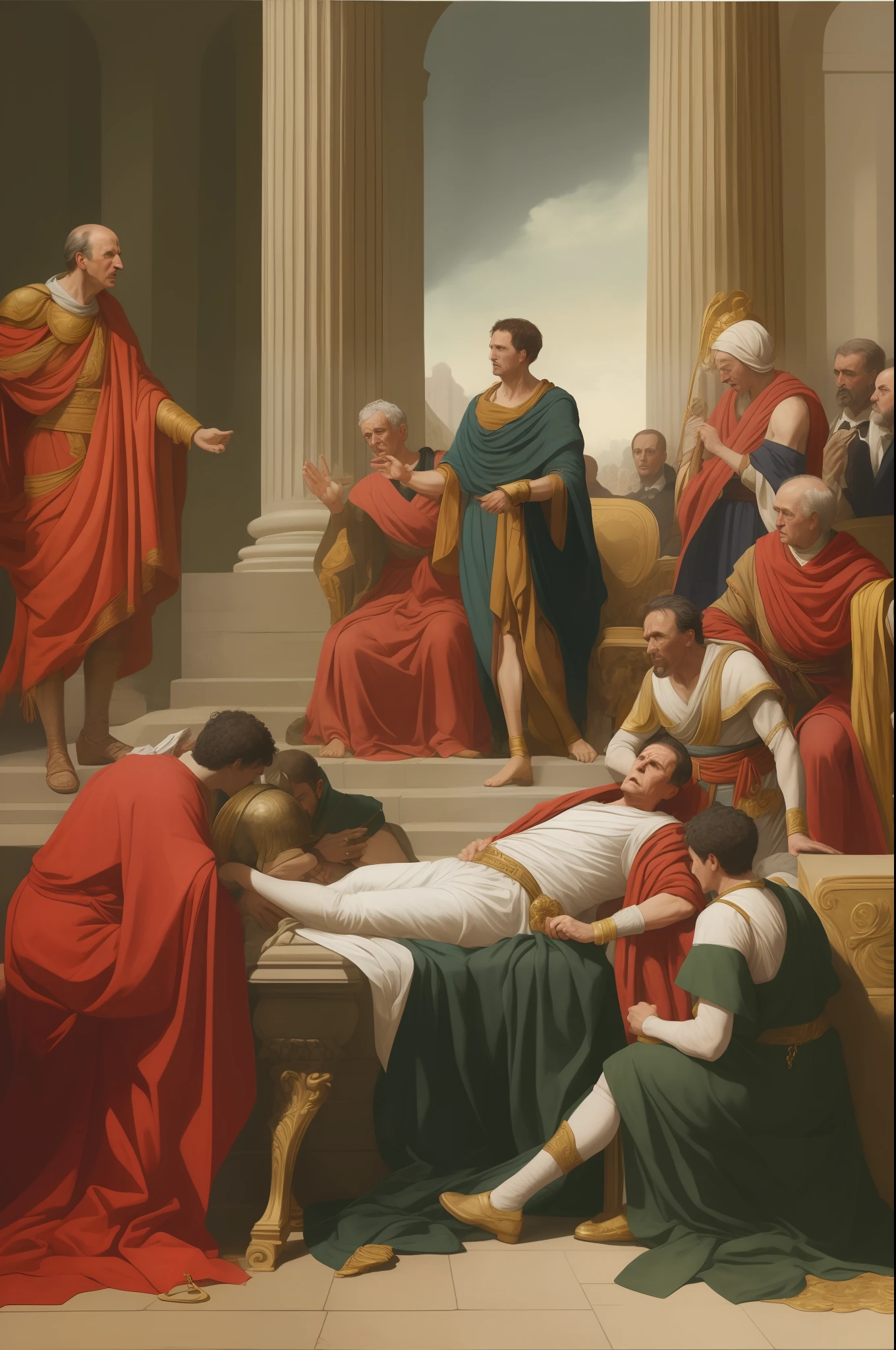 Reimagine the image of Julius Caesar being assassinated by Roman senators