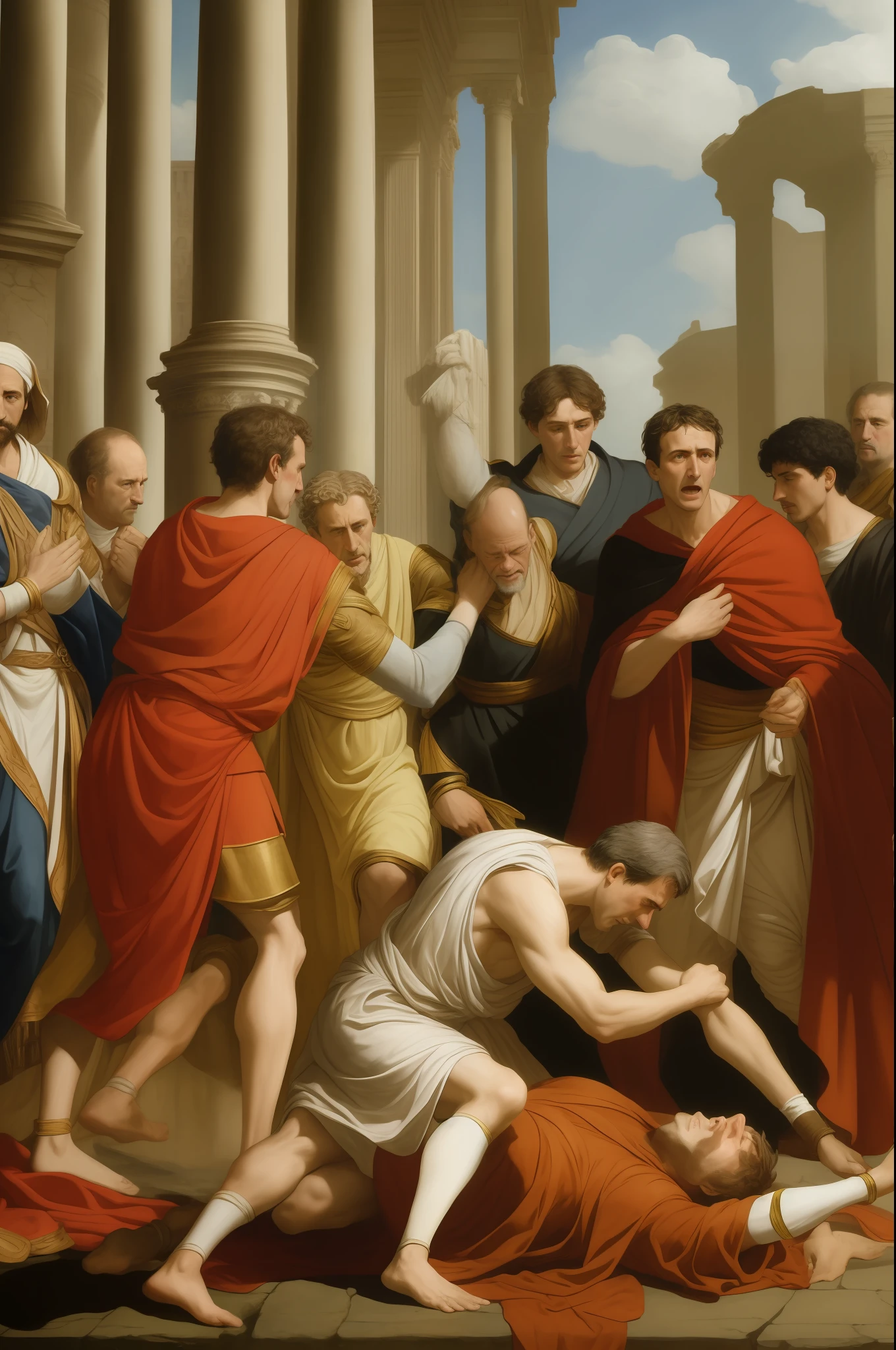 Reimagine the image of Julius Caesar being assassinated by Roman senators