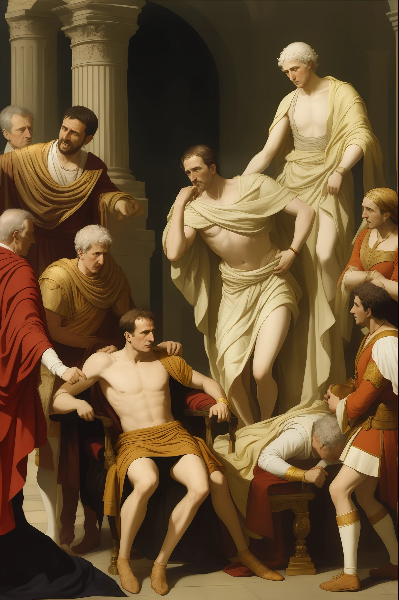 Reimagine the image of Julius Caesar being assassinated by Roman senators