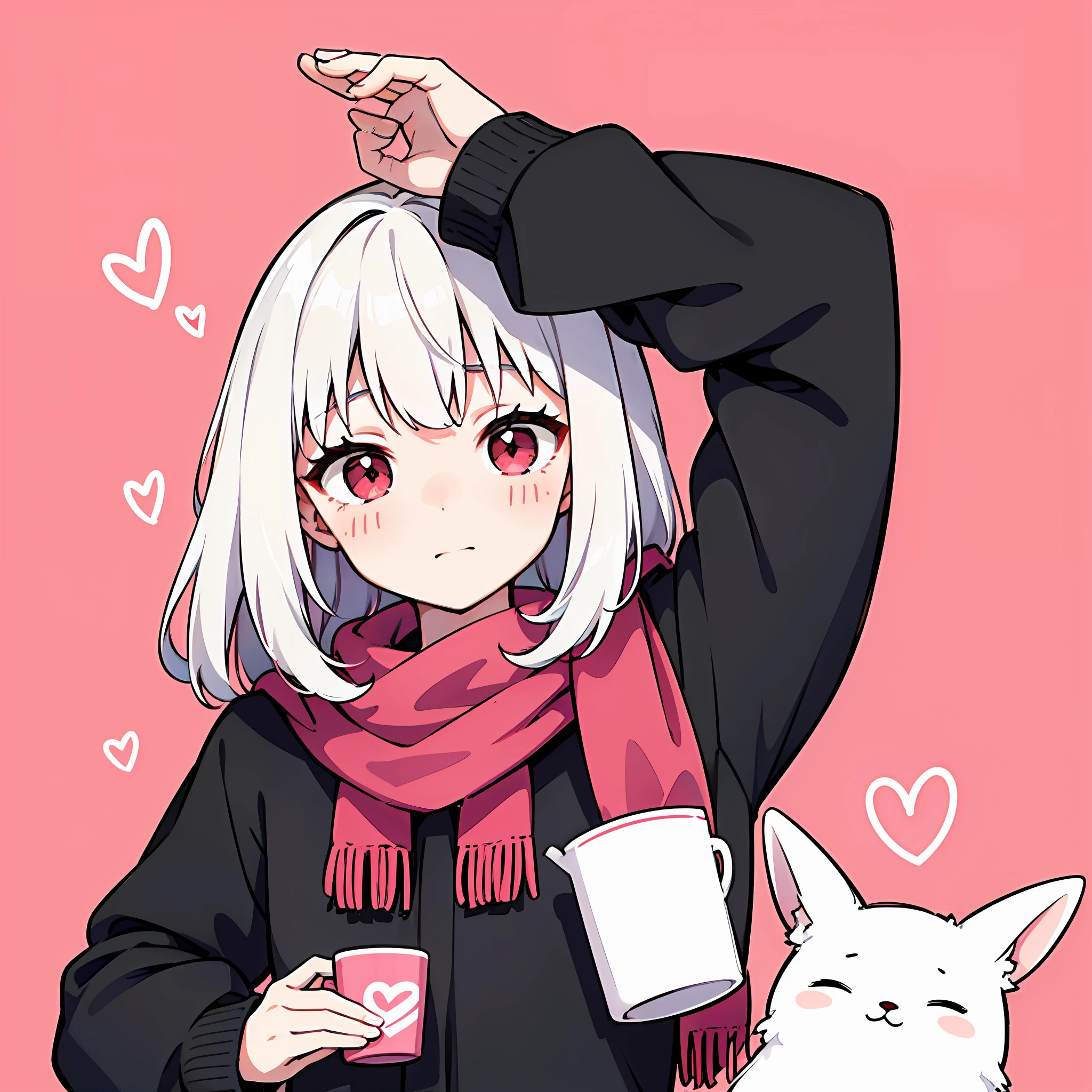 image of a young girl with long white hair and red eyes. She is wearing a pink scarf and holding a white cup with a red heart on it. The background is pink with a small white rabbit on the left side. The girl has a blush on her cheeks and there are two small lines on the right side of the image, possibly indicating excitement or surprise.