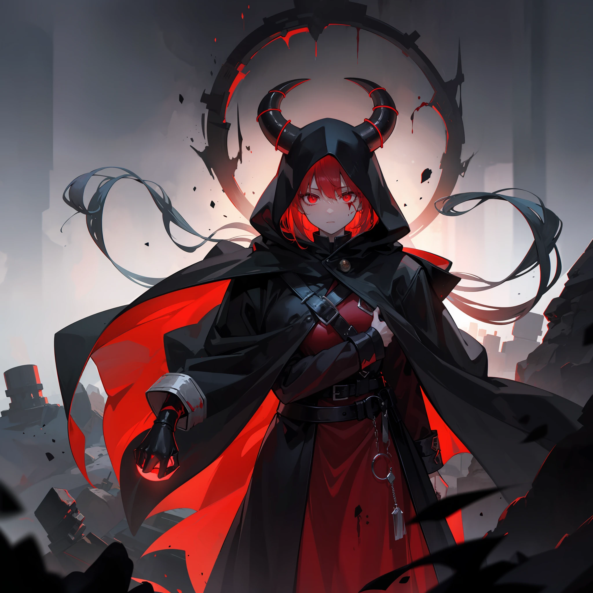 A shadowy demon figure with glowing red eyes, and a hooded cloak of black, bleeding from her eyes