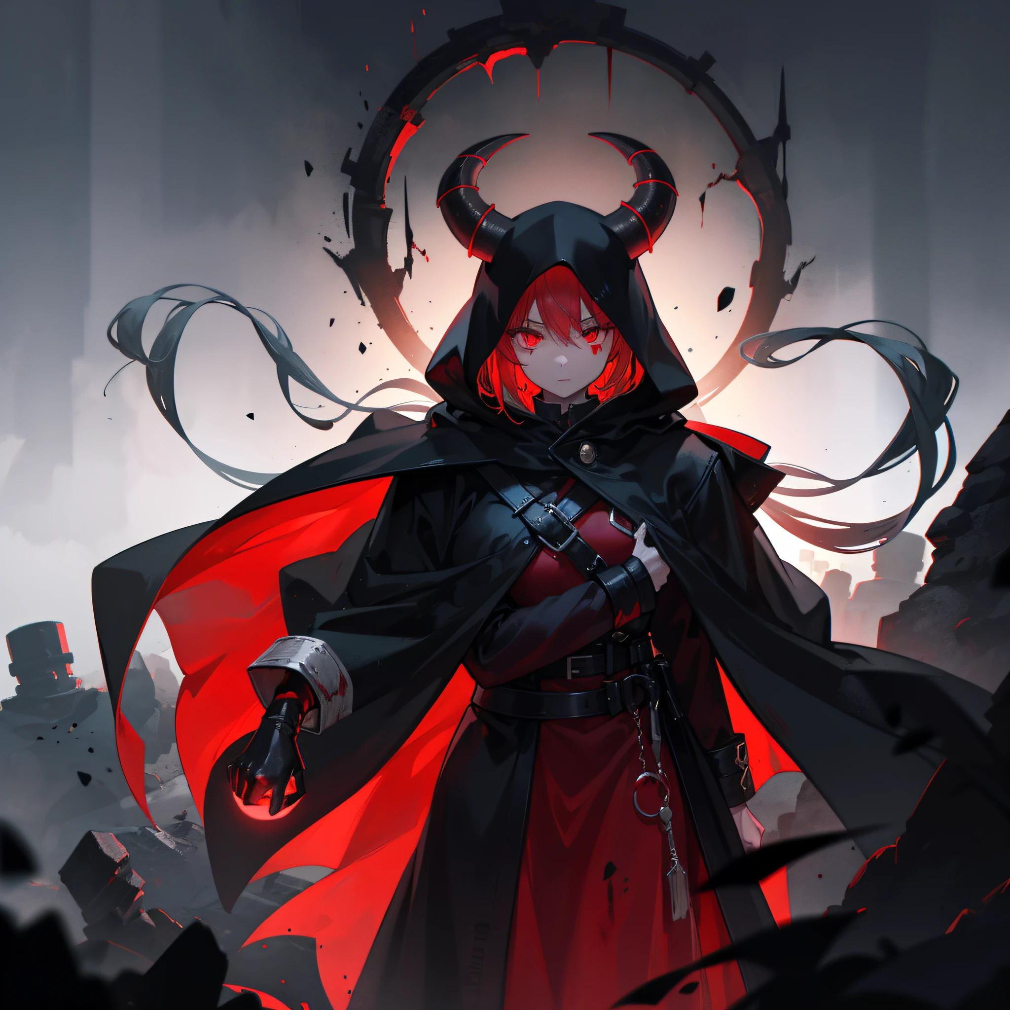 A shadowy demon figure with glowing red eyes, and a hooded cloak of black, bleeding from her eyes