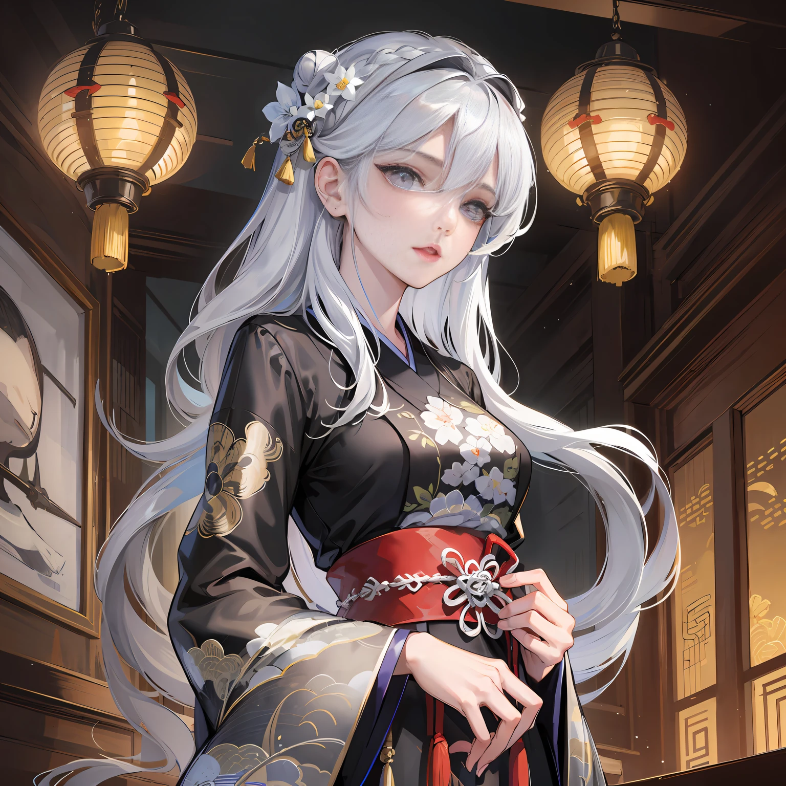 White-haired Japanese anime girl 19 years old with black belly squinting and smiling --auto