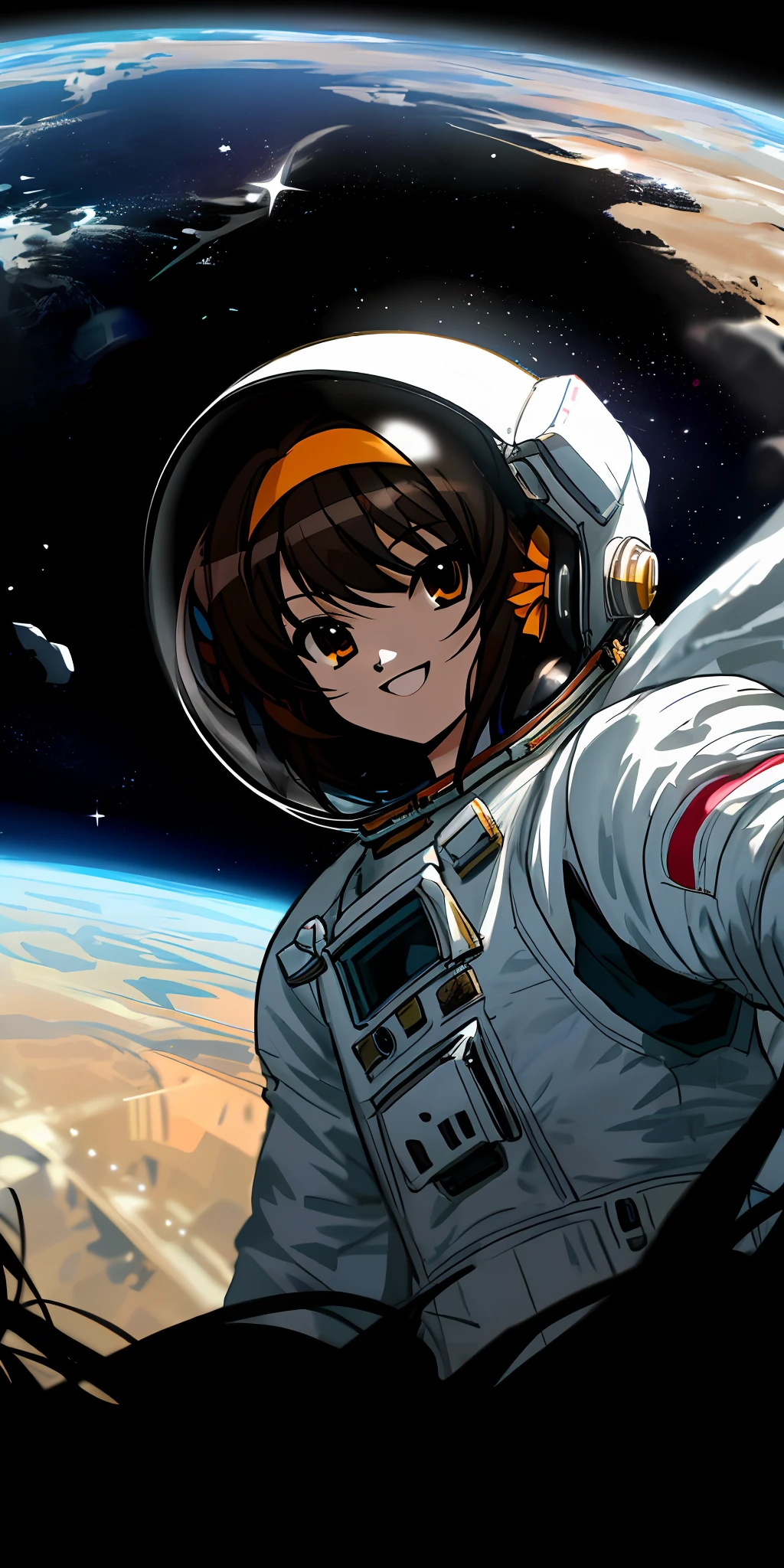 Extreme high quality detailed close-up picture of suzumiya haruhi, Looks happy and amazed, focuses on her upper body. She is in an astronaut helmet and astronaut suit. standing on the moon. the earth is a high quality and detailed reflection on her helmet