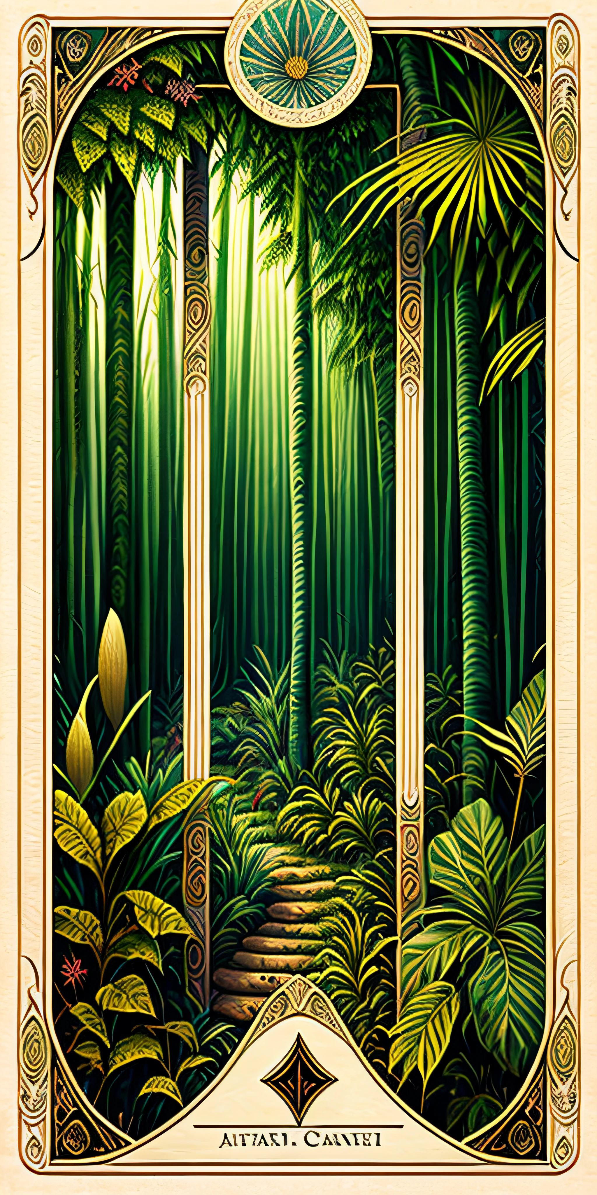 Tarot card, mystic, plants borders, jungles, photorealistic , detailed --auto