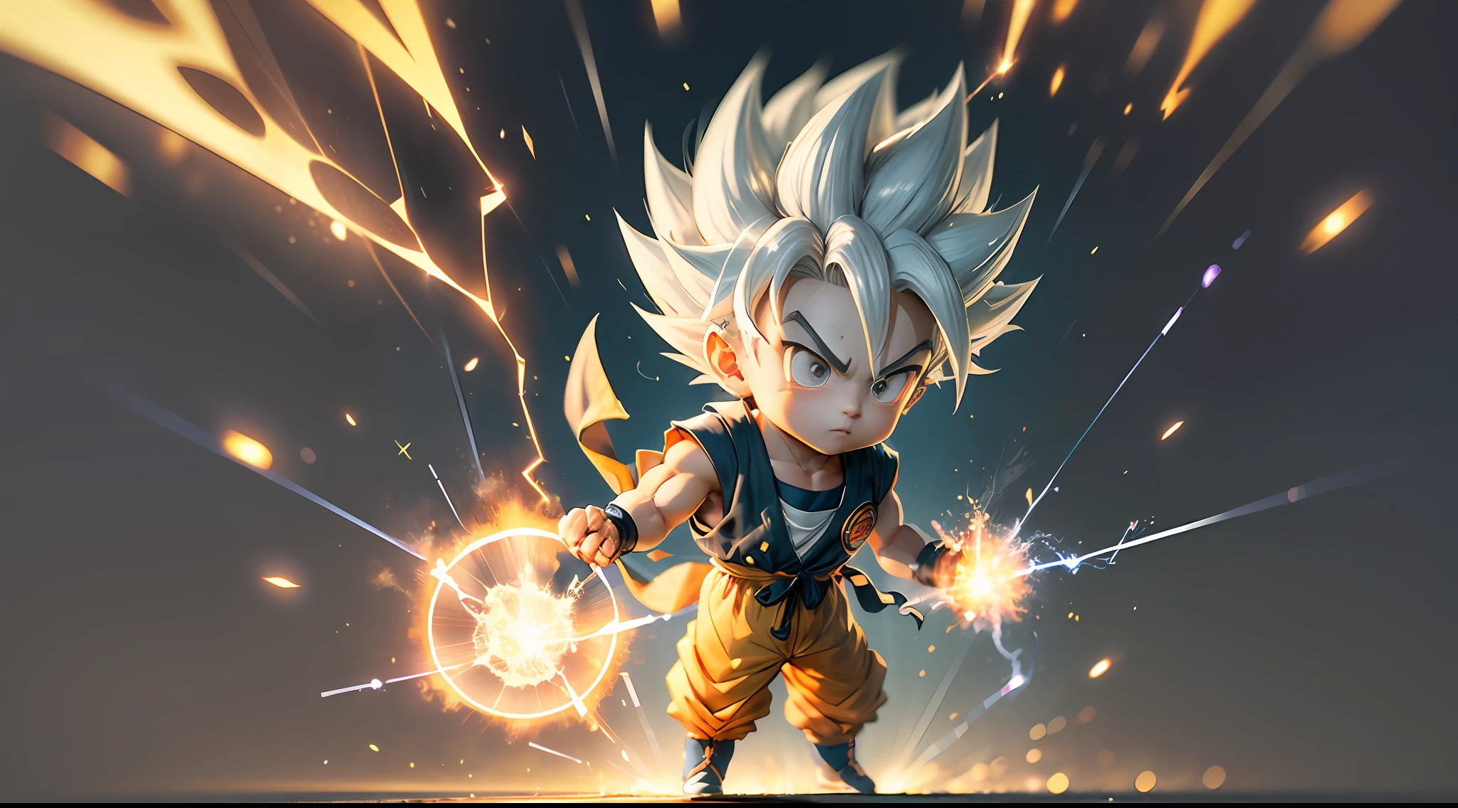 Masterpiece), (Extreme Quality), (Ultra Detailed), (delicate face), (detailed eyes), Full Body, 1 boy, (9 year old goku in super saiyan with white hair from Akira Toriyama's Dragon Ball manga: 1.7), solo, Chibi, Cute, perfect hands, (glowing metal objects hovering in the air and surrounding him:1.2),(Electric arcs and sparks:1.2),(flow of energy:1.2),(translucent magnetic lines:1.2),(golden silver grey and shimmering light effects:1.2),