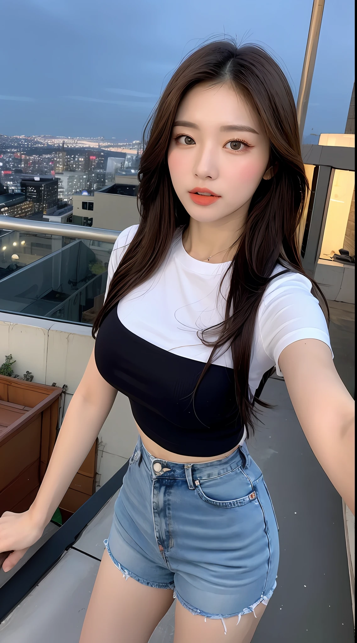 ((Midnight, Best quality, 8k, Masterpiece :1.3)), Whole body, Long legs, Sharp focus :1.2, A pretty woman with perfect figure :1.4, Slender abs :1.1, ((Dark brown hair, Big breasts :1.2)), (White tight tshirt, Jean bib, Standing:1.2), ((Night city view, Rooftop:1.3)), Highly detailed face and skin texture, Detailed eyes, Double eyelid