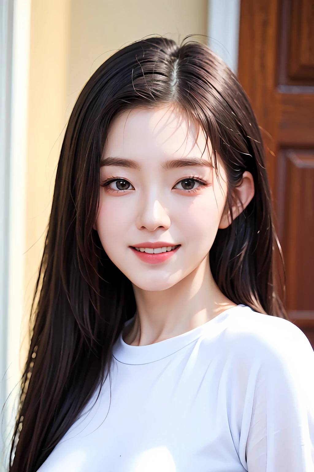 8k,extremely detailed eye、extra detailed face、best qualtiy、masterpiece、ighly detailed、ultra-detailliert、(realisitic、Photorealsitic:1.3)、a smile、(facing front)、Look at viewers、white shirt、A clear day、outside of house、1 Girl's upper body