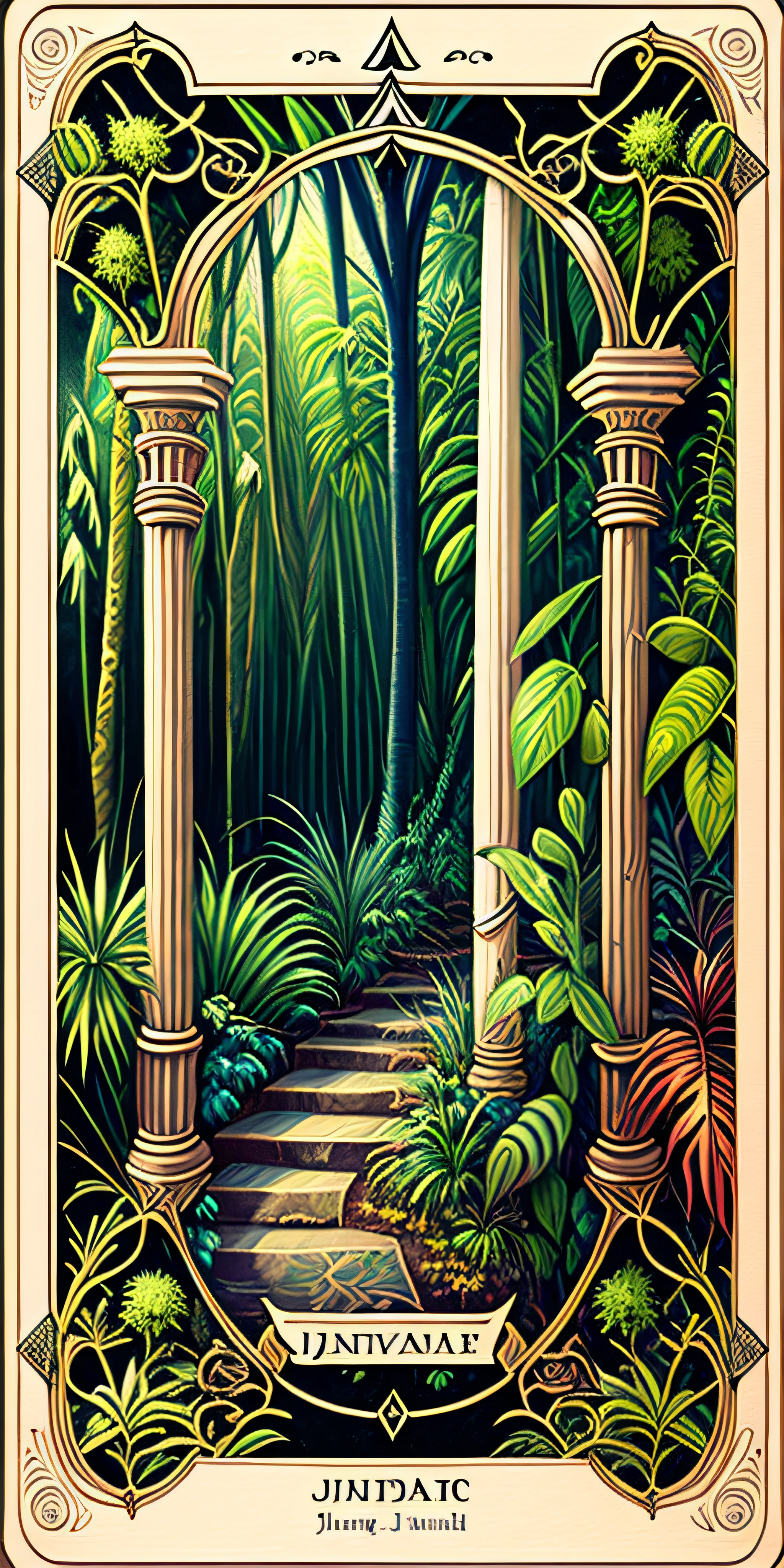Tarot card, mystic, plants borders, jungles, photorealistic , detailed --auto