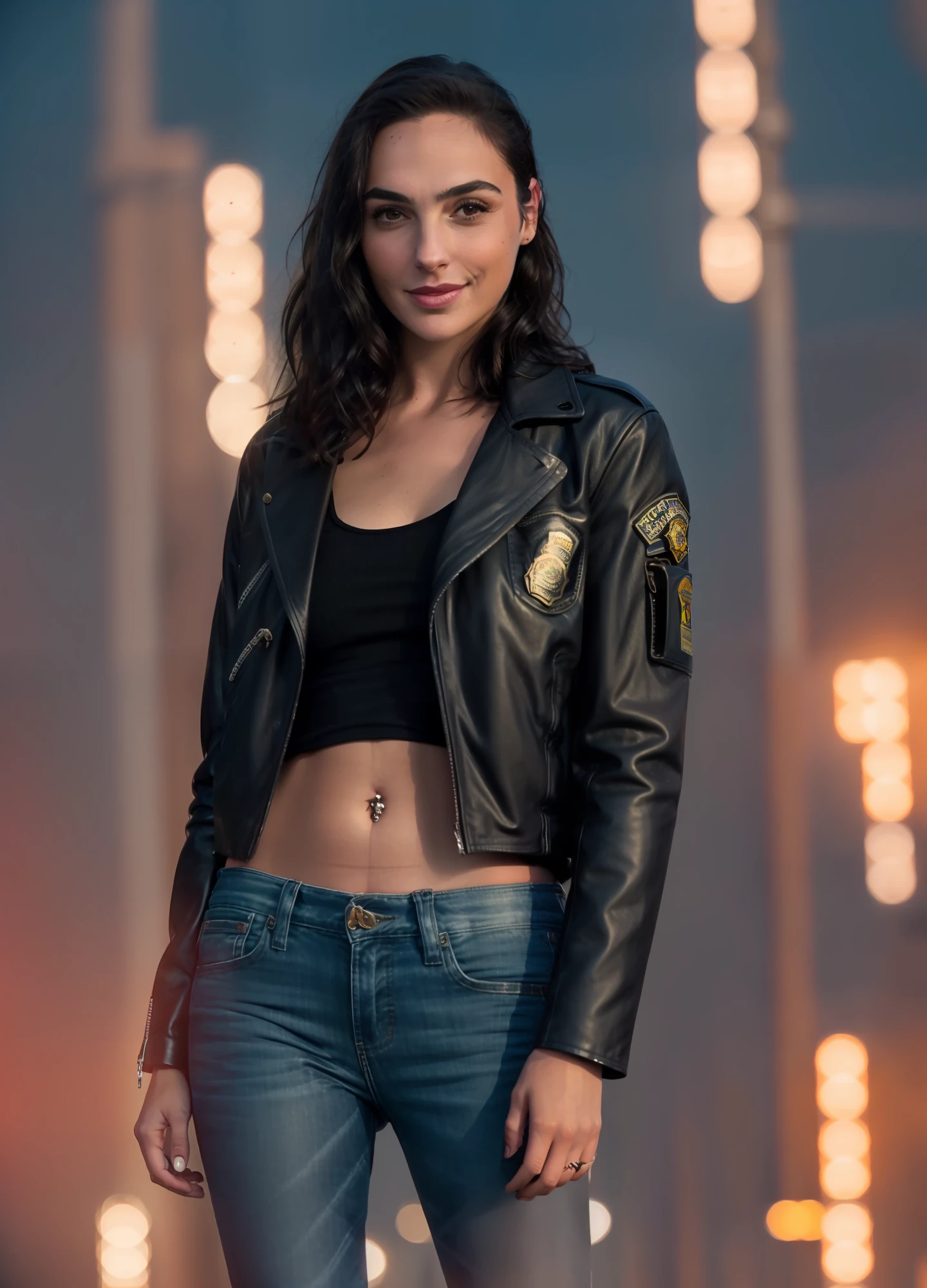 Retrato de gldot como uma bela modelo feminina, georgia fowler, rosto lindo, sorriso lindo, cabelo castanho escuro curto, In the Cyberpunk City at Night. She's wearing a leather jacket, jeans preto, lighting dramatic, (police badge: 1.2)