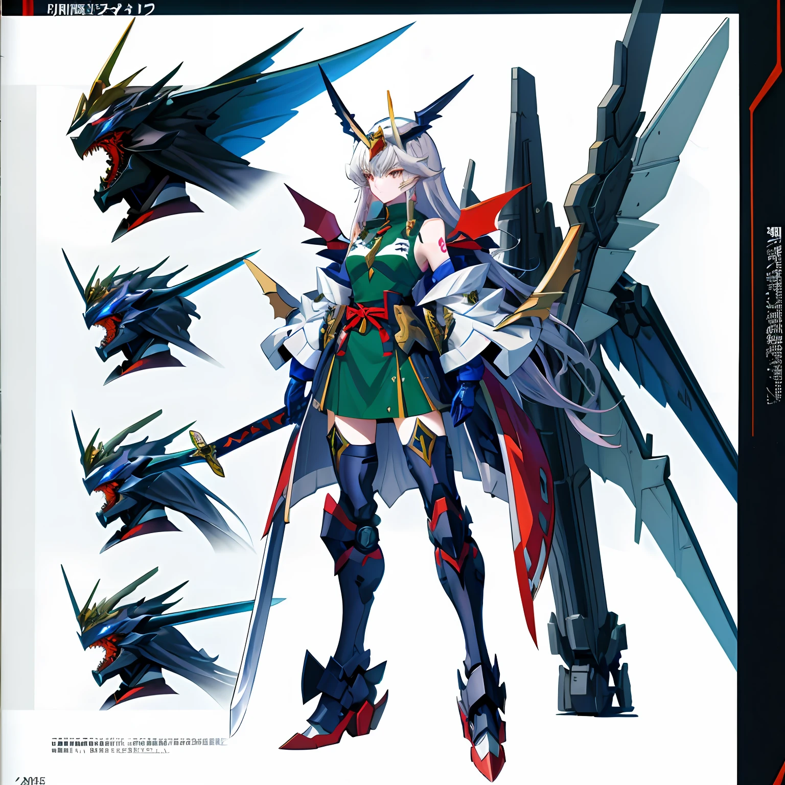 Close-up of cartoon characters holding swords and swords, concept art of omegamon,  cool mecha style, gundam wing style armor, well armored mech dragon, greek god in mecha style, A pterodactylus mech masterpiece，Need，absurderes，perfectanatomy，standing on your feet，1girl，独奏，arm tattoos，Bare shoulders，无袖，shift dresses，dragon girl，Dragon's horn，jewely，coda