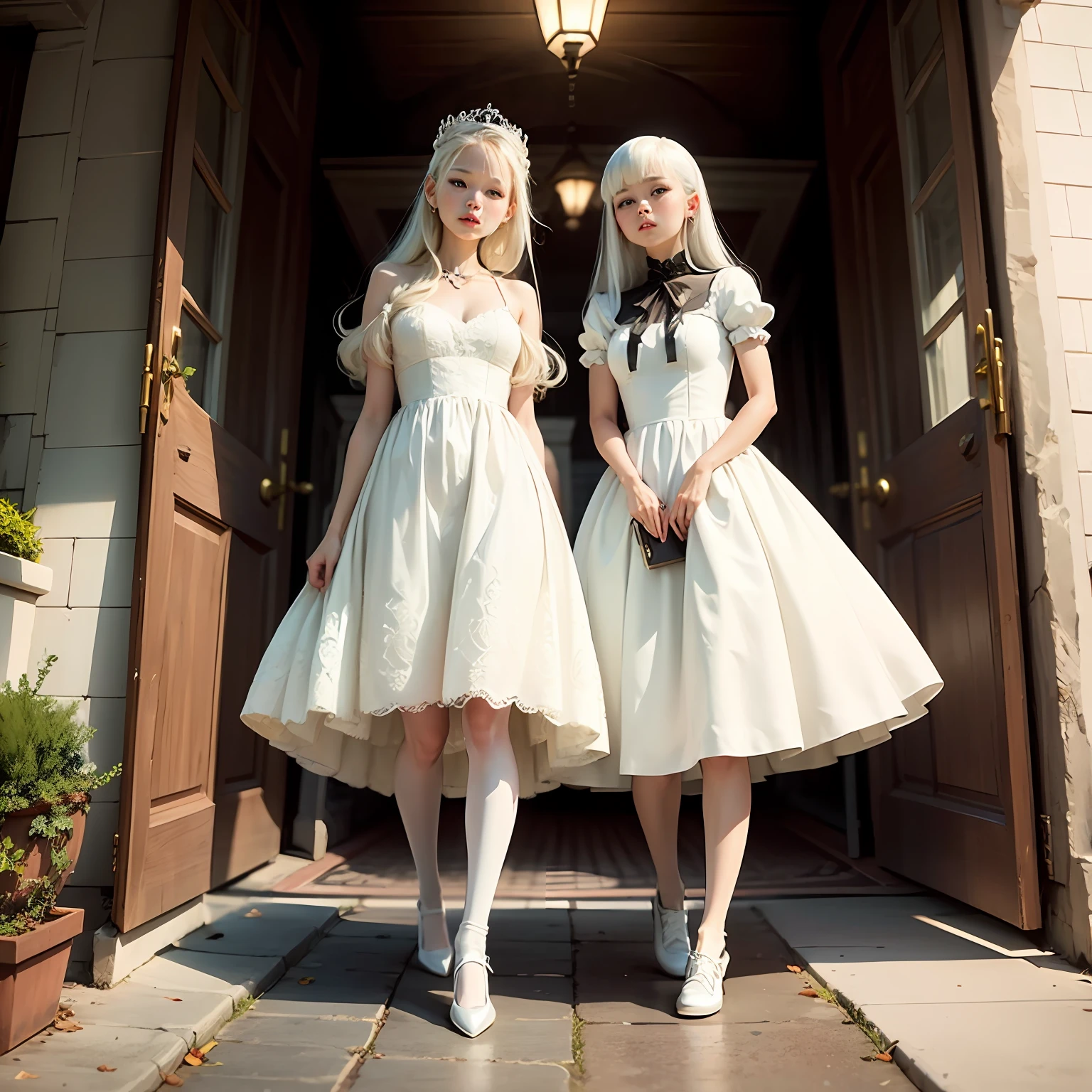 white color hair、dual horsetail、loli face、White princess dress、White-colored skin、white stockings、Small leather shoes --auto