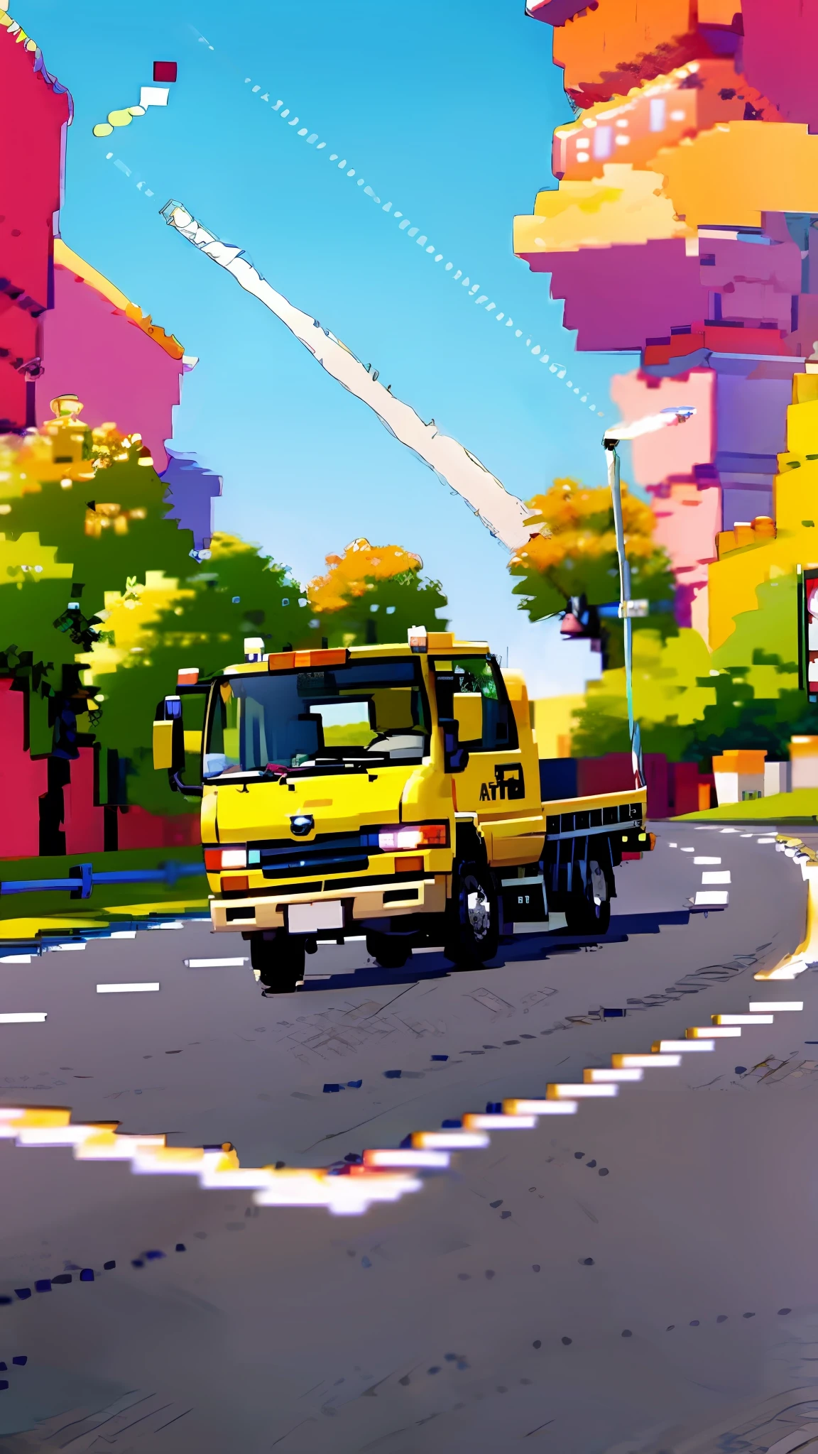 There is a yellow truck driving on the road，A yellow taxi, 1 0 8 0 p, 1080p, jinyiwei, half - turn, 8K H 768, 1 5 0 4, a super-smart, 4l, full device, Ancient sword, jia, Versatile, nanquan, 1505, broad，（（（Pixel art）））