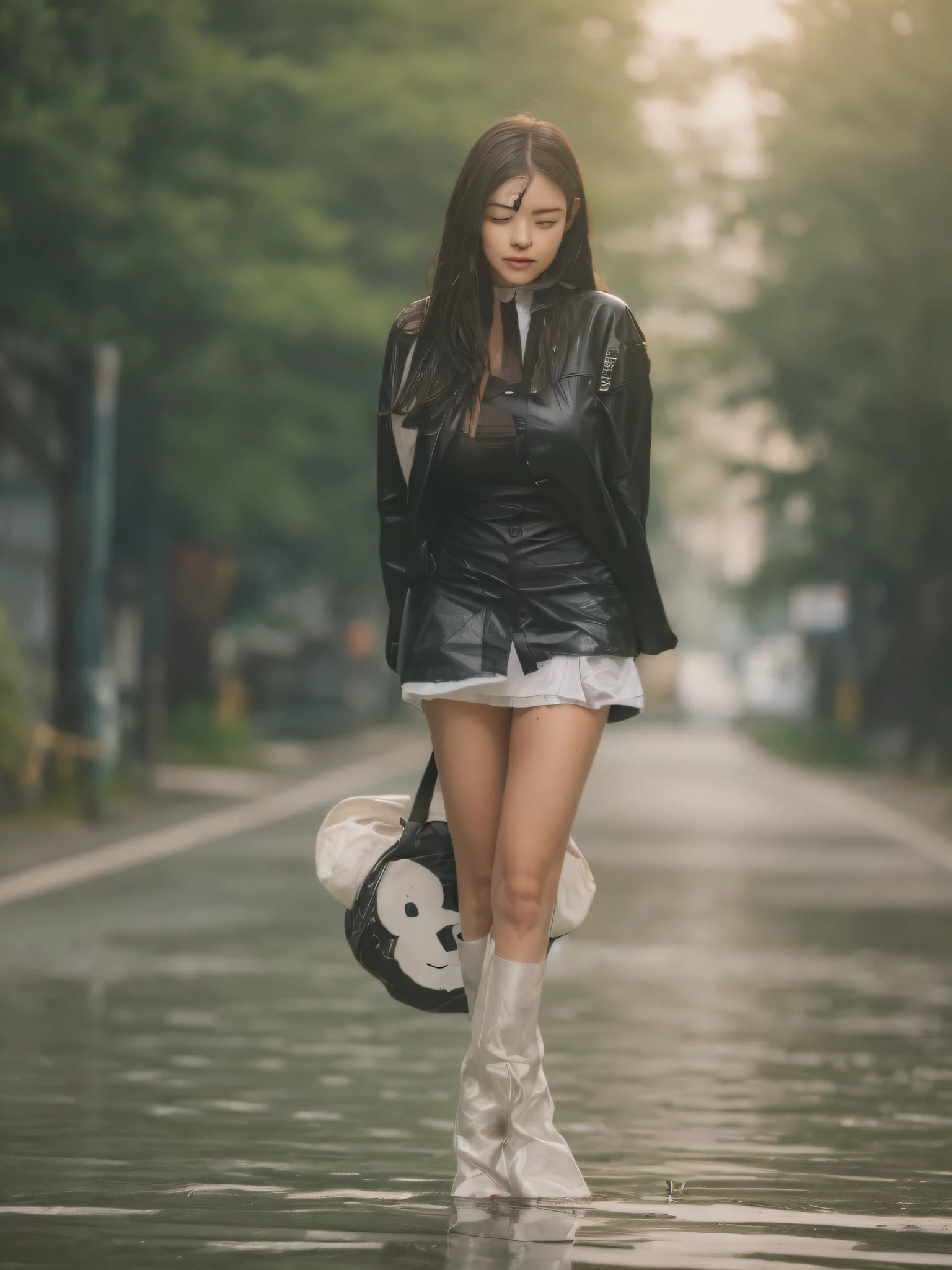((Best Quality, 8K, Masterpiece: 1.3)), Sharp: 1.2, Perfect Body Beauty: 1.4, Slim Abs: 1.2, ((Layered Hairstyle, Big Breasts: 1.2)), (Wet White Button Long Shirt: 1.1), (Rain, Street: 1.2), Wet: 1.5, Highly detailed face and skin texture, detailed eyes, double eyelids, side face looking at the camera