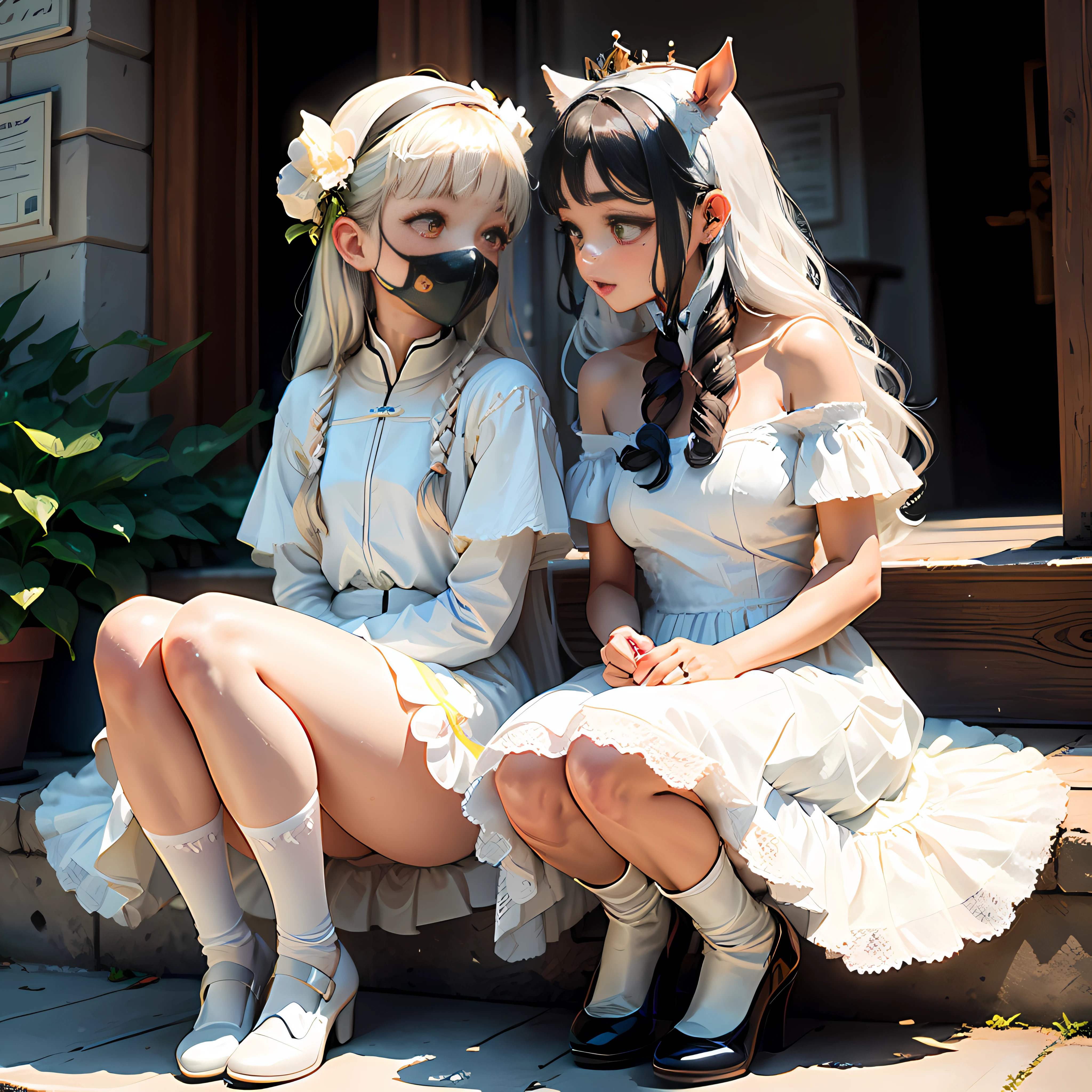 They were two women sitting on the steps in costume, WLOP and Sakimichan, cosplay of a catboy! maid! dress, nixeu and sakimichan, Anime cosplay, cosplay foto, Shot on Canon EOS R 6, cosplay, Loish et WLOP, Anime style mixed with Fujifilm, Anime girl cosplay, White fox ears