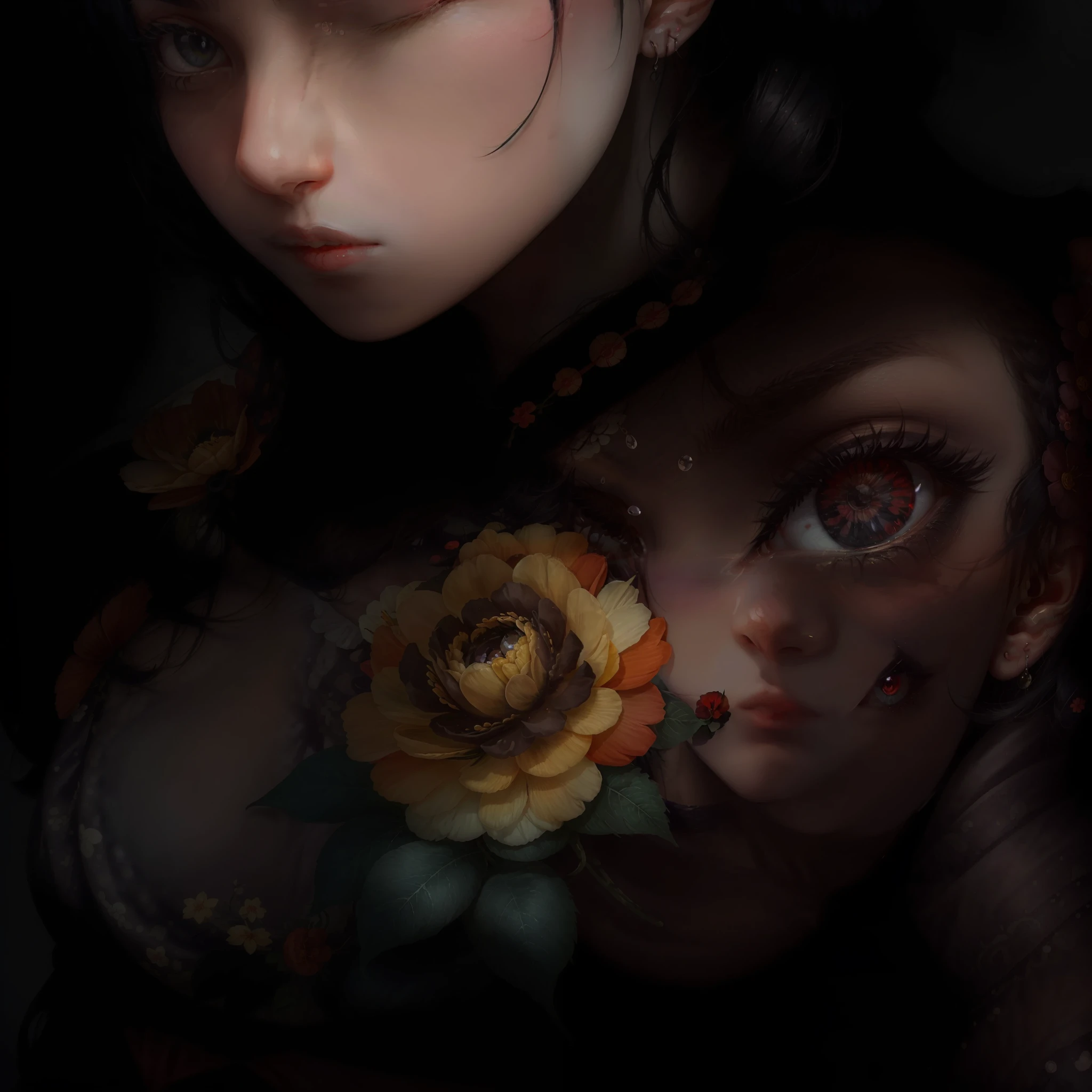 Masterpiece, Superb Creation, Absurdity, Originality, Extreme Refinement, Beautiful and Detailed Eyes and Face, 1girl, black_hair, Flower, japanese_clothes, looking_at_viewer, Mole, red_flower, Solo, (Masterpiece: 1.4), (Best Quality: 1.4)