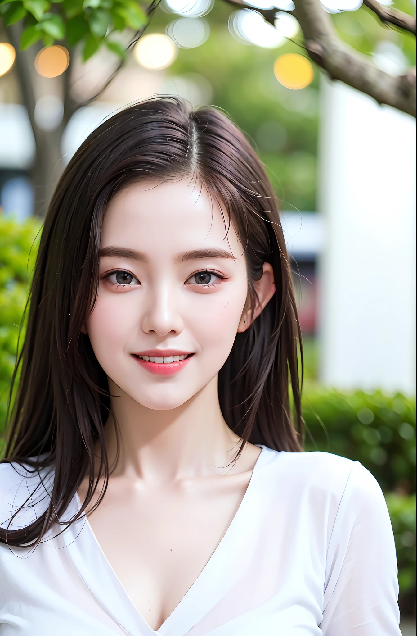 extremely detailed eyes, extremely detailed face, best quality ,masterpiece, extremely detailed, ultra-detailed, (realistic, photo-realistic:1.3), smile, (facing front), looking at viewer, white shirt, sunny day, outdoor, 1girl upperbody