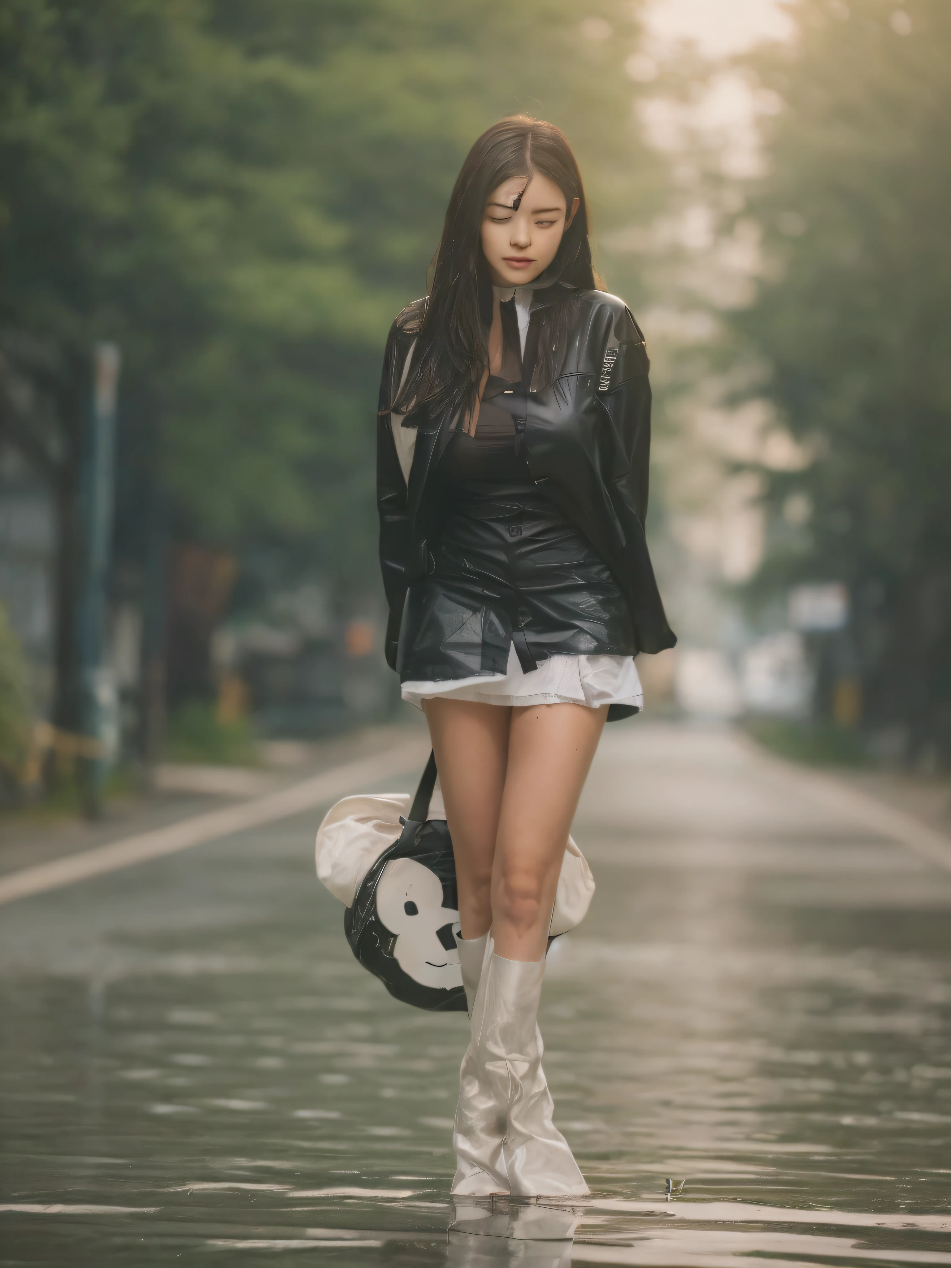 ((Best Quality, 8K, Masterpiece: 1.3)), Sharp: 1.2, Perfect Body Beauty: 1.4, Slim Abs: 1.2, ((Layered Hairstyle, Big Breasts: 1.2)), (Wet White Button Long Shirt: 1.1), (Rain, Street: 1.2), Wet: 1.5, Highly detailed face and skin texture, detailed eyes, double eyelids, side face looking at the camera