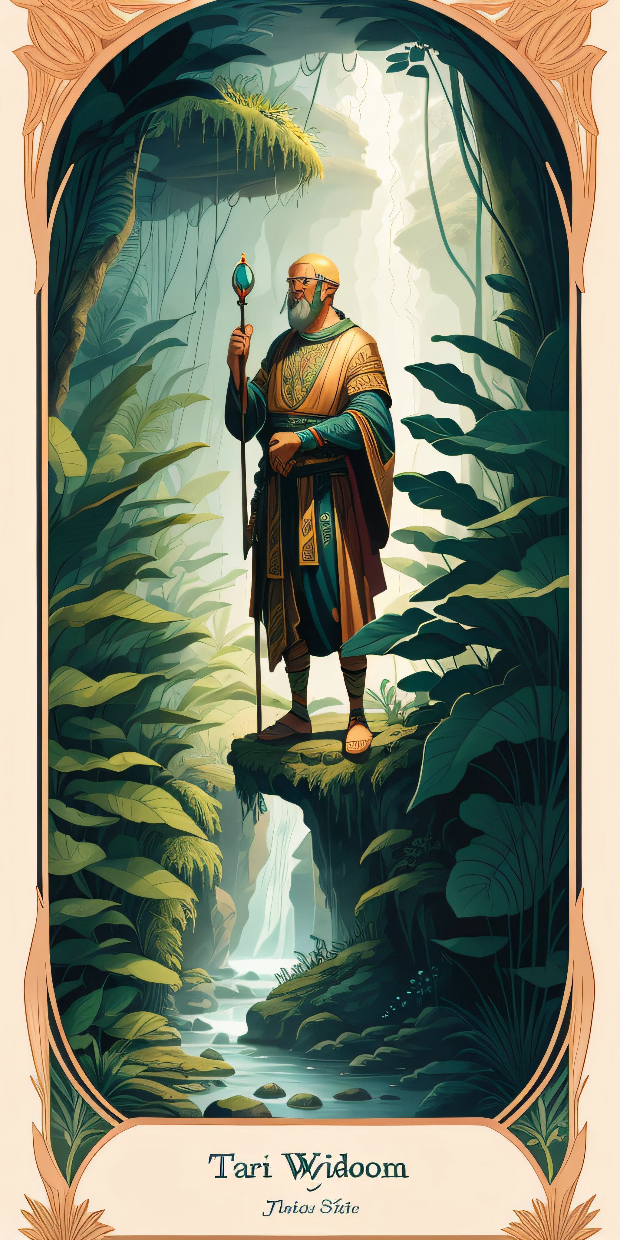 Wisdom man Tarot card, mystic, floral borders, jungles, photorealistic , detailed --auto