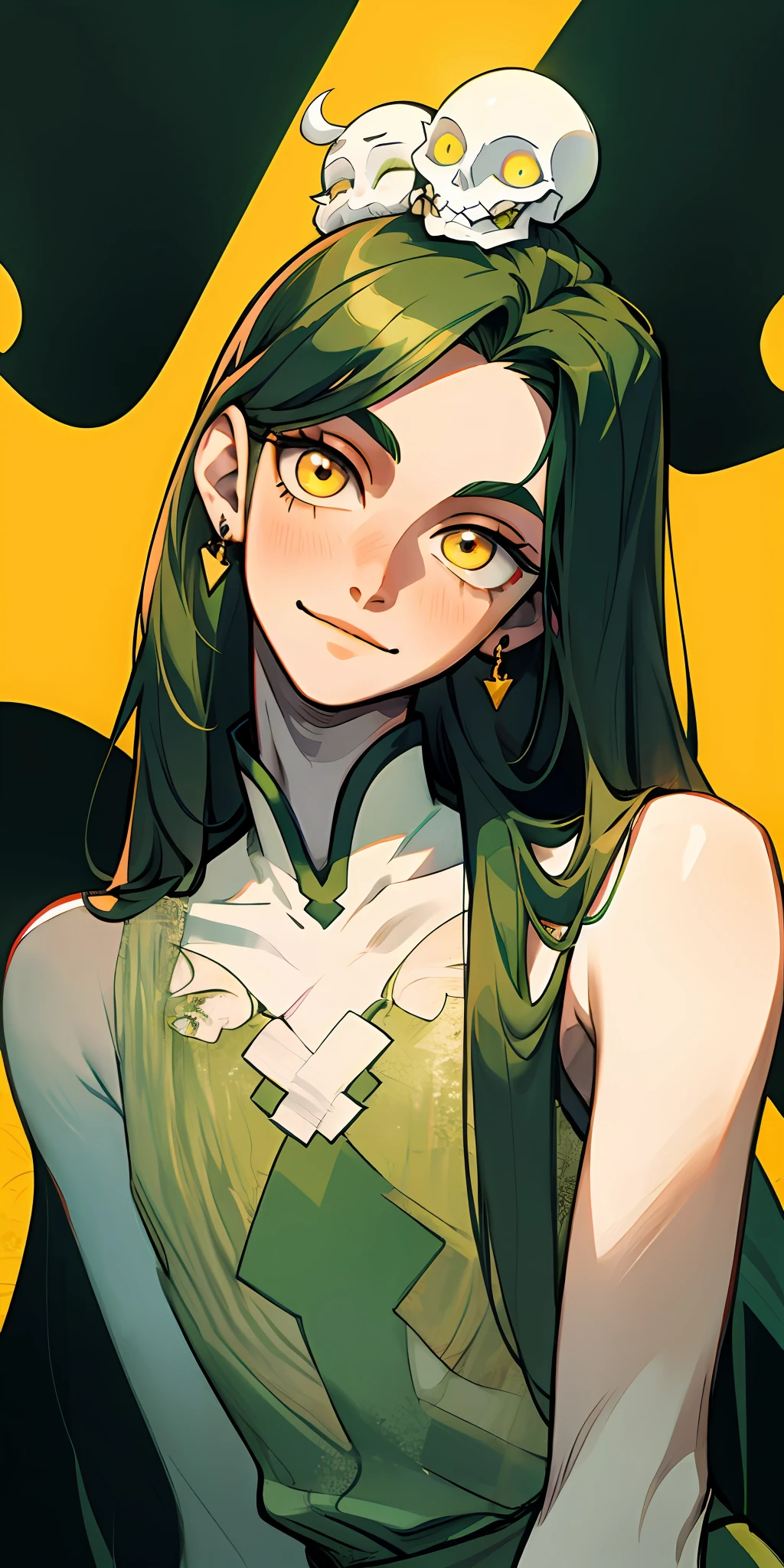 1boy, long hair, open forehead, dark green hair, long straight hair, yellow eyes, earrings,, thin body, pale skin,, yaoi boy, after, languid look, slight smile, cosmetics, long eyelashes, adults, head tilt, in full growth