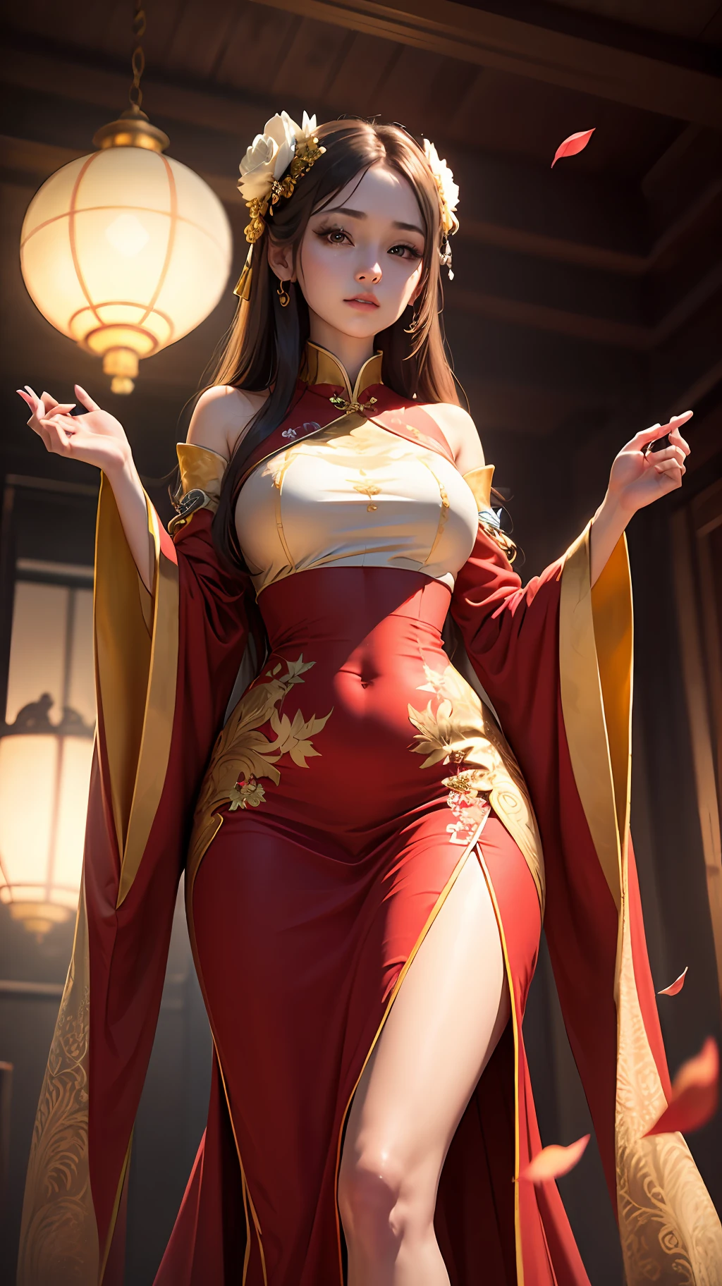 best quality, masterpiece, highres, (exquisite body:1.5),gorgeous face,(milky skin:1.3),intricate details,high resolution,wallpaper,
1girl, solo, dress, hair ornament, (((gold and red dress))), flowers, long hair, brown hair, closed mouth, jewelry, long sleeves, hand up, wide sleeves, big eyes,floating hair, chinese clothes, hanfu, embroidery, long skirt, natural pose, falling petals, indoor,fanning, lantern,
16K,HDR,highres,depth field,(film grain:1.1),boken,golden hour,(lens flare),vignette,rainbowing,(color grading:1.5) --auto