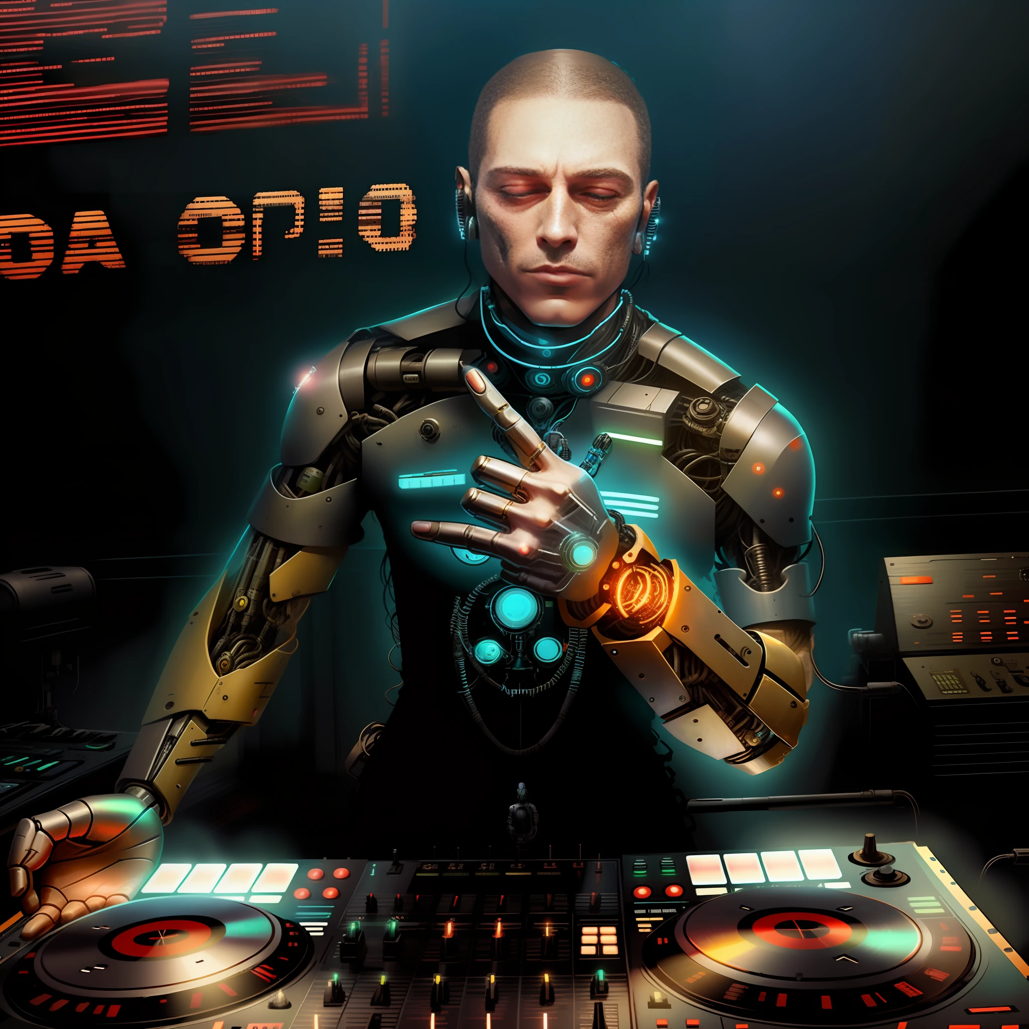 A Cybernetic Man Futuristic DJ with effects at a show of female robots