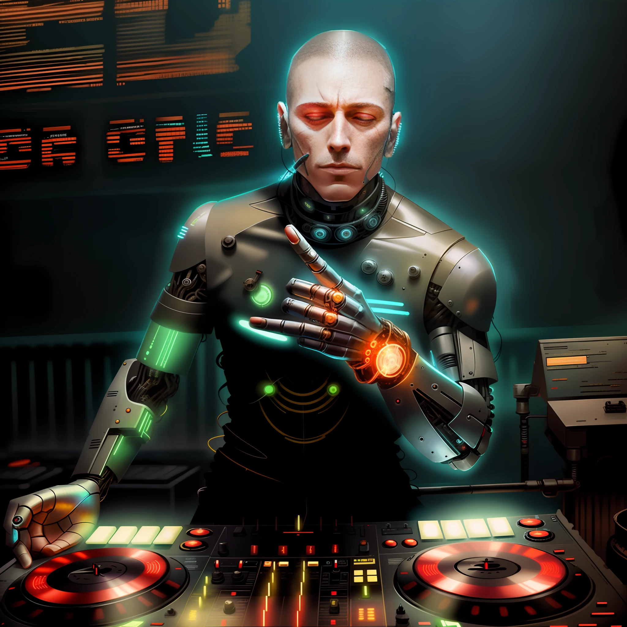 A Cybernetic Man Futuristic DJ with effects at a show of female robots