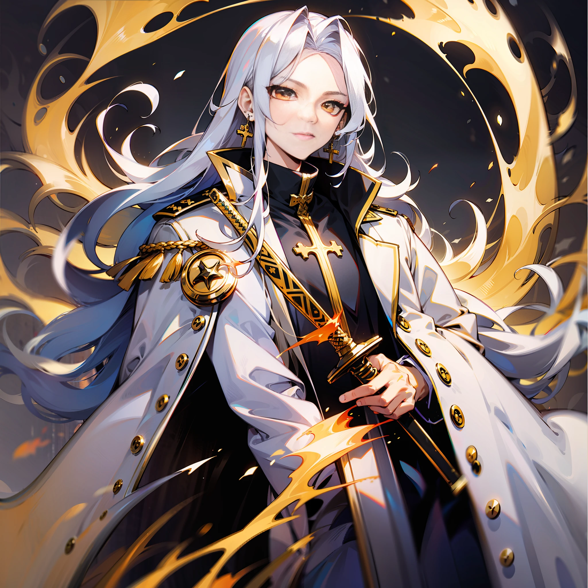 man, tall, white coat, white long hair, golden eyes, cross earring in one ear, golden buttons, sword in hand, fire on the background