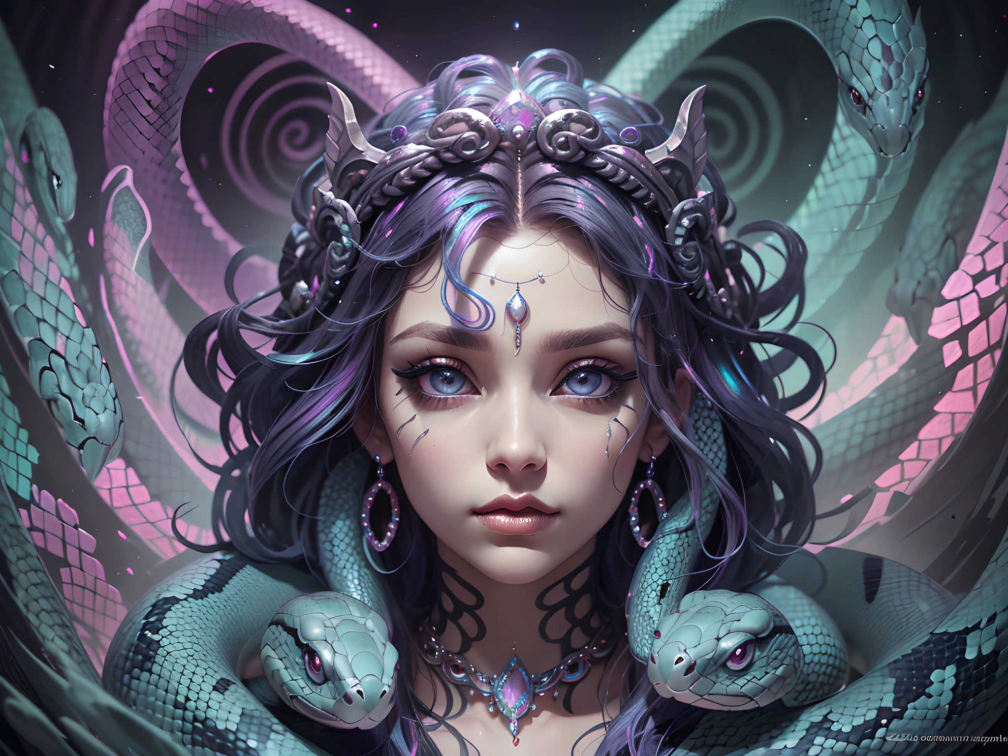 Prepare to be enthralled by the mesmerizing visage of a stunning petite (((Medusa))), whose beauty defies conventional expectations. Her stunning face is highly detailed and incredibly unique, with high cheekbones, puffy lips, and a big mouth. Bathed in an ethereal glow, (((her serpent-adorned tresses cascade around her in a captivating display.))) (((Each snake possesses a vivid, iridescent hue))), lending an air of enchantment to her presence. With piercing eyes that hold both allure and danger, she captivates all who dare to gaze upon her. Her eyes are 8k eyes, hires eyes, beautiful eyes, beautiful detail eyes, beautiful detailed eyes, perfect eyes, realistic eyes. Witness the powerful allure of this beautiful Medusa as she challenges preconceived notions and weaves a tale of both mystery and fascination. Delve into this captivating artwork and embark on a journey where beauty and danger intertwine in a spellbinding dance .Include iridescent, phantasmal iridescence. Camera: utilize dynamic composition to enhance fantasy elements. (masterpiece:1.1), (best quality:1.1), (anatomically correct:1.1), (perfect arms:1.1), ((detailed face:1.3)), (detailed skin), (perfect eyes), (perfect nose), (realistic), octane render, sharp focus, (8k), (4k), (Masterpiece), (Best Quality), ((huge lips:1.3)), ((ornate))