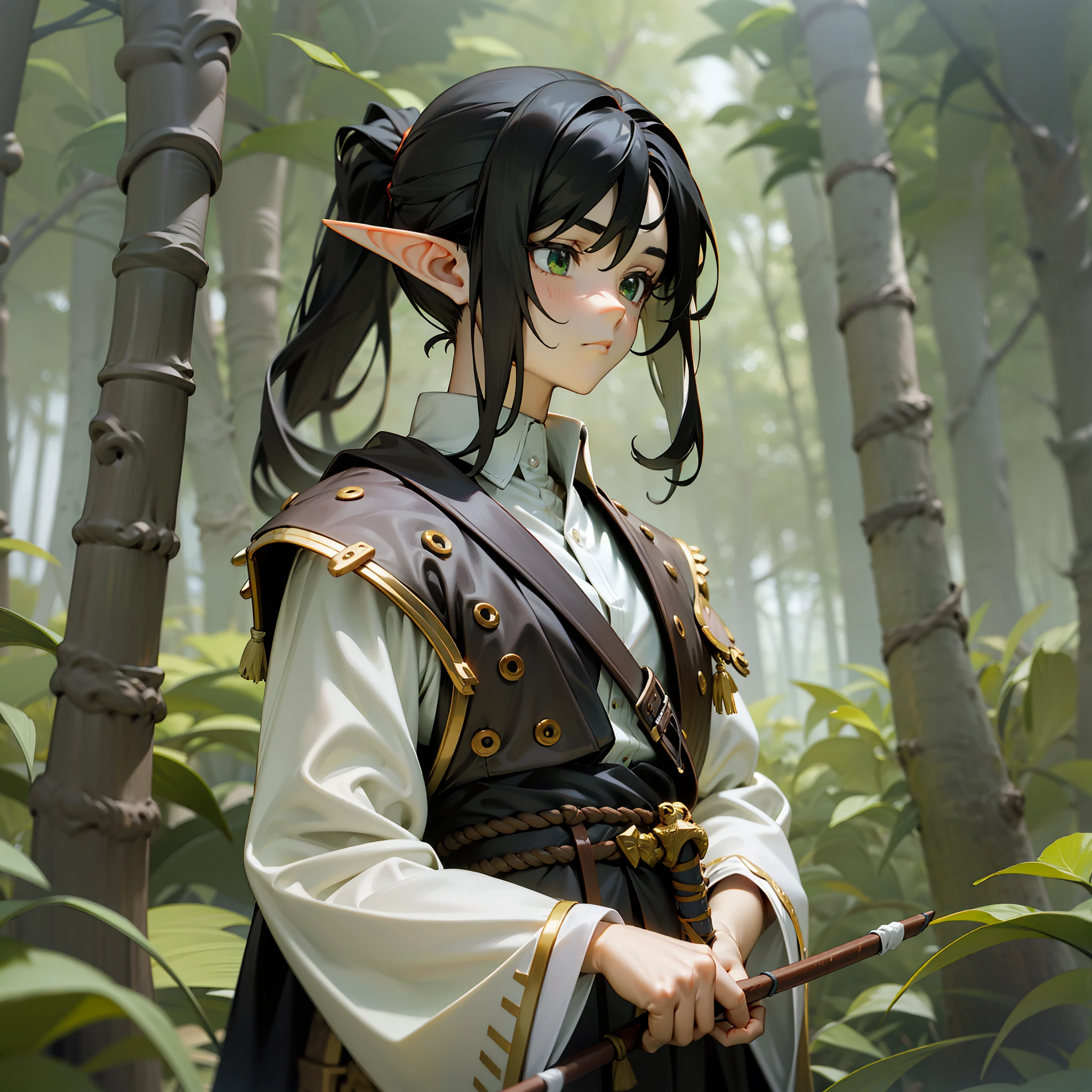 1male, Adult, ((black hair)), Long black hair, low ponytail, elf ears, pale face, slim face, elongated face,, Green eyes, Golden glint in the eyes, furrowed brow, White shirt with lantern sleeves, brown plain vest, Black button-down cape, Wide leather strap, quiver with arrows behind his back, Holds onions, Forest background, Tall dark trees