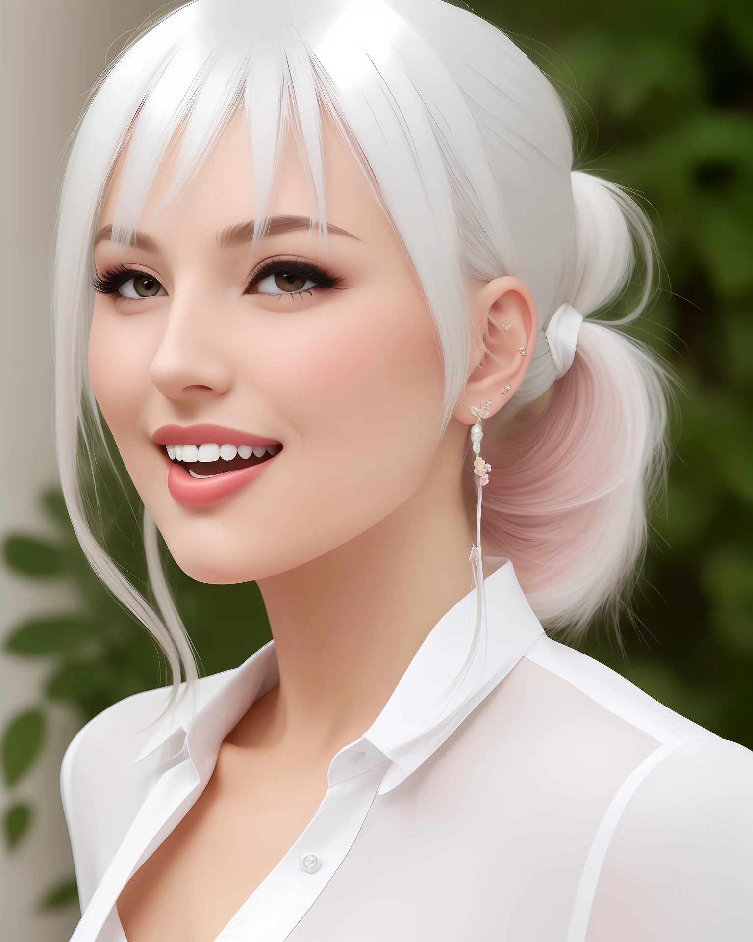 Blush, white hair, single ponytail, tongue sticking out, white silk