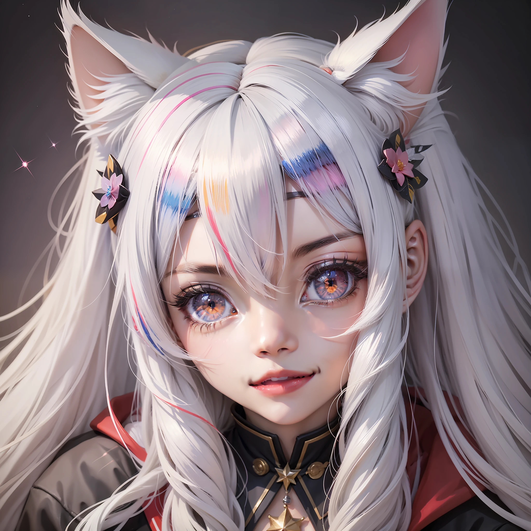 black hair, hair bobbles, wince, longeyelashes, solid circle eyes, fake animal ears, light smile, ear blush, fang, silver hair, Surrealism, drop shadow, anaglyph, stereogram, tachi-e, pov, atmospheric perspective, Surrealism, from above, Surrealism, anime style, ccurate, best quality