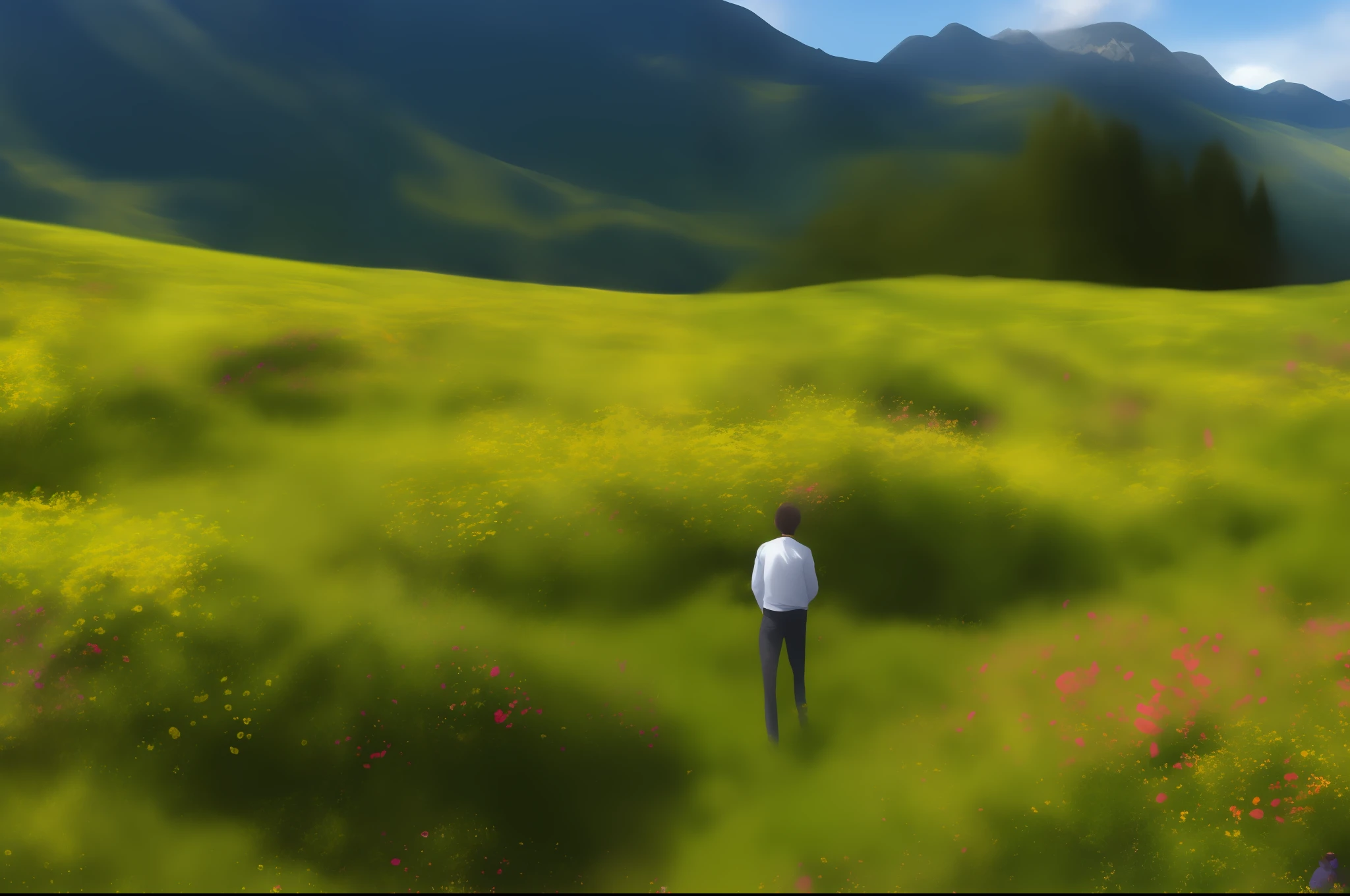 Boy in white shirt, cheveux noirs, au sommet, dans les montagnes avec beaucoup de fleurs, il fait beau et du vent, pendant le printemps