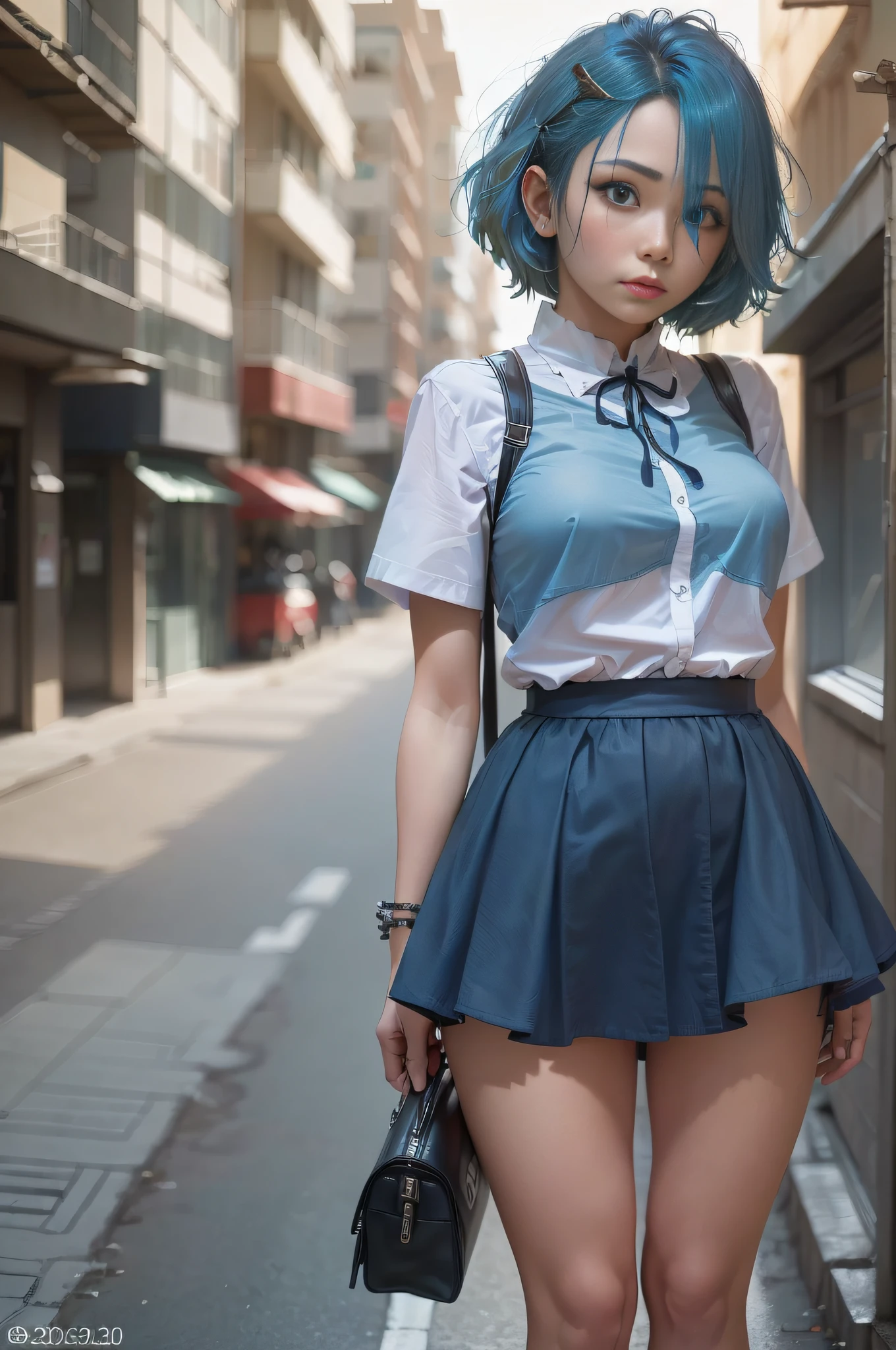 (there is a girl standing alone in a street.),(sexy high school school uniform,very short and gothic school skirt,open front short sleeve school shirt),(from below:1.5),(nsfw:1.2), (8k, RAW photography, best quality, masterpiece: 1.4), (Ultra High Definition), (Realistic, Photorealistic: 1.48),( 20 years old, Pretty girl),Famous actor of Japan, (Blue hair:1.4), Short hair, (hair over one eye:1.3), Blue eyes, Head tilt, Zeiss 150mm f/ 2.8 Hasselblad, full-body, foot, ultra-wide angle