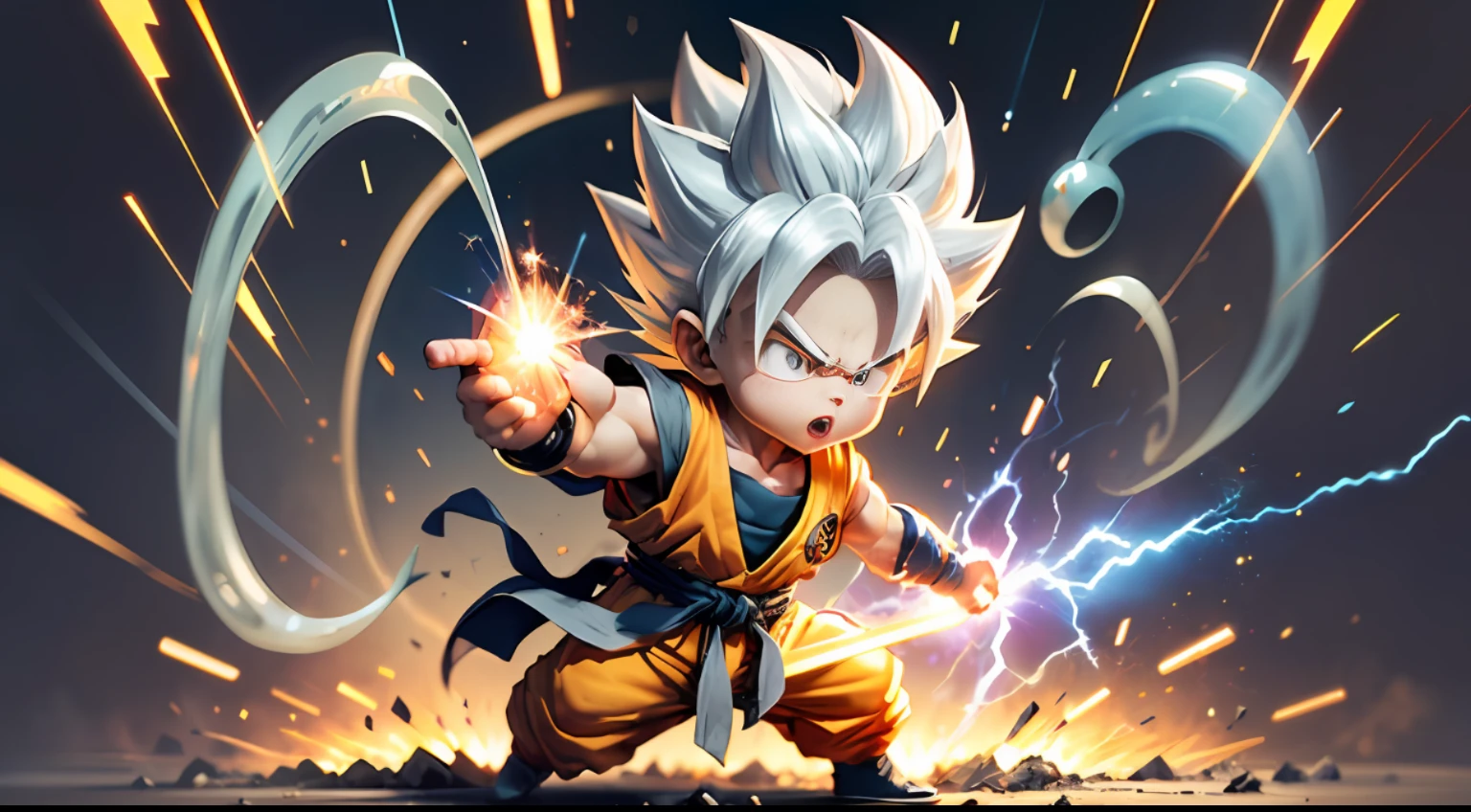 Masterpiece), (Extreme Quality), (Ultra Detailed), (delicate face), (detailed eyes), Full Body, 1 boy, (9  goku in super saiyan with white hair from Akira Toriyama's Dragon Ball manga: 1.7), solo, Chibi, Cute, perfect hands, (glowing metal objects hovering in the air and surrounding him:1.2),(Electric arcs and sparks:1.2),(flow of energy:1.2),(translucent magnetic lines:1.2),(golden silver grey and shimmering light effects:1.2), Kamehameha skill