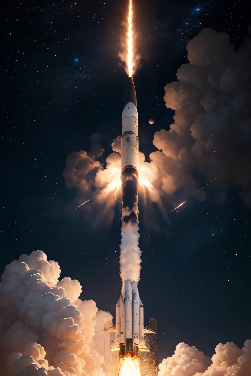 Imagine a powerful photographic scene that conveys the feeling of growth and advancement realistically. The background depicts outer space as seen through a lens, com estrelas brilhantes e nebulosas coloridas, criando uma atmosfera imersiva e envolvente. O foguete espacial, posicionado no centro da imagem, is represented in incredible detail, with realistic metallic textures and vivid reflections that reflect starlight. The trail of fire and smoke from the rocket is captured in detail, with dynamic movement and intense colors that add life to the scene. A mulher, em primeiro plano, is portrayed realistically, with facial expressions and posture that convey confidence and determination. His futuristic spacesuit is rendered with precise textures and shadows, Creating a sense of authenticity. The lighting is meticulously adjusted to bring dramatic effect, destacando os detalhes do foguete, of woman and the cosmic environment. The blue and gold colors are balanced with subtlety and sophistication, Complementing realistic composition. A imagem final resulta em uma fotografia impactante, which appears captured at the exact moment of the rocket launch