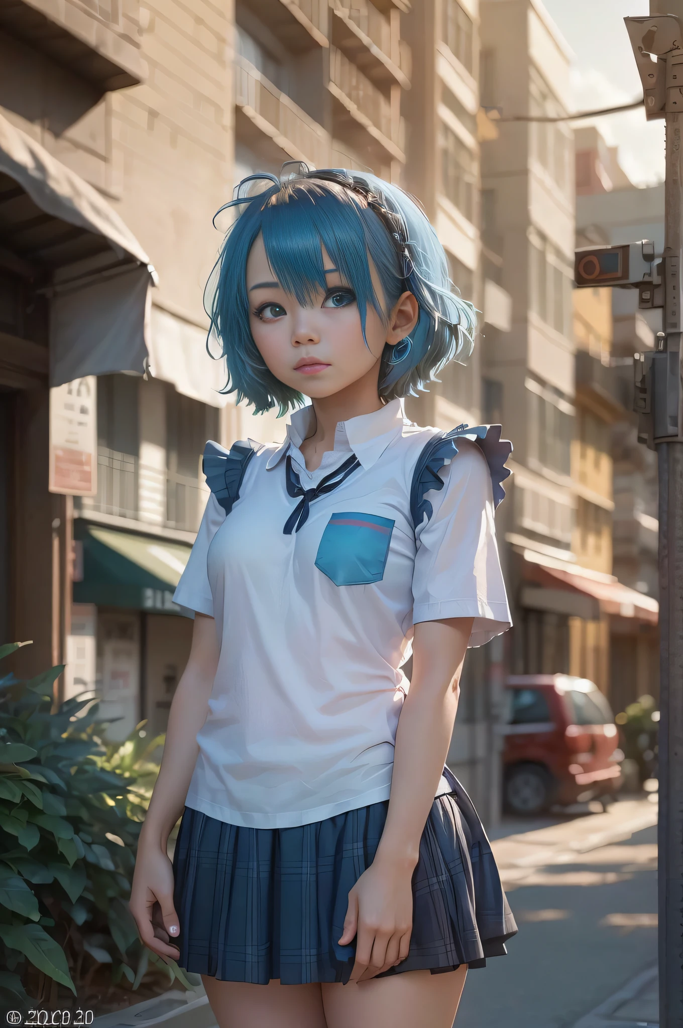 (there is a girl standing alone in a street.),(sexy high school school uniform,very short and gothic school skirt,open front short sleeve school shirt),(from below:1.5),(nsfw:1.2), (8k, RAW photography, best quality, masterpiece: 1.4), (Ultra High Definition), (Realistic, Photorealistic: 1.48),( 20 years old, Pretty girl),Famous actor of Japan, (Blue hair:1.4), Short hair, (hair over one eye:1.3), Blue eyes, Head tilt, Zeiss 150mm f/ 2.8 Hasselblad, full-body, foot, ultra-wide angle