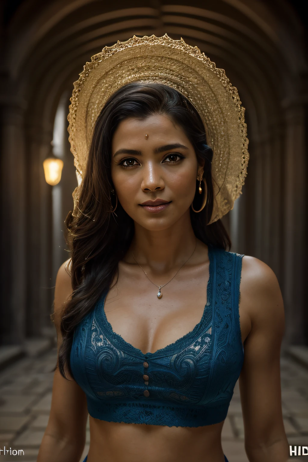 uma foto de corpo inteiro, Nativo de 40 anos, indigena, Tribal, textura natural da pele, 24 mm, Texturas 4k, pele suja, Pernas lindas, soft Cinematic Light, Adobe Lightroom, photolab, majo, leve sorriso, boca fechada, (rosto perfeito), rugas e textura, chuva detalhada, obra-prima, (belos olhos castanhos claros detalhados: 1.1), (Perfect eyelashes)), melhor qualidade, particles in the air, (Detailed lighting: 1.2), (brilho detalhado bonito: 1.3), roupas de couro, ((decote profundo)), seios perfeitos, intrincado, Pintura digital, smooth and sharp focus, fim do mundo, epic realistic, (HDR:1.4), (cores silenciadas:1.4), cores neutras, noite, refractions of screen space, (detalhes intrincados, hiperdetalhados:1.3), Cinematographic photo, vinheta, Fundo castelo medieval, cores escuras, Vampire Hunter