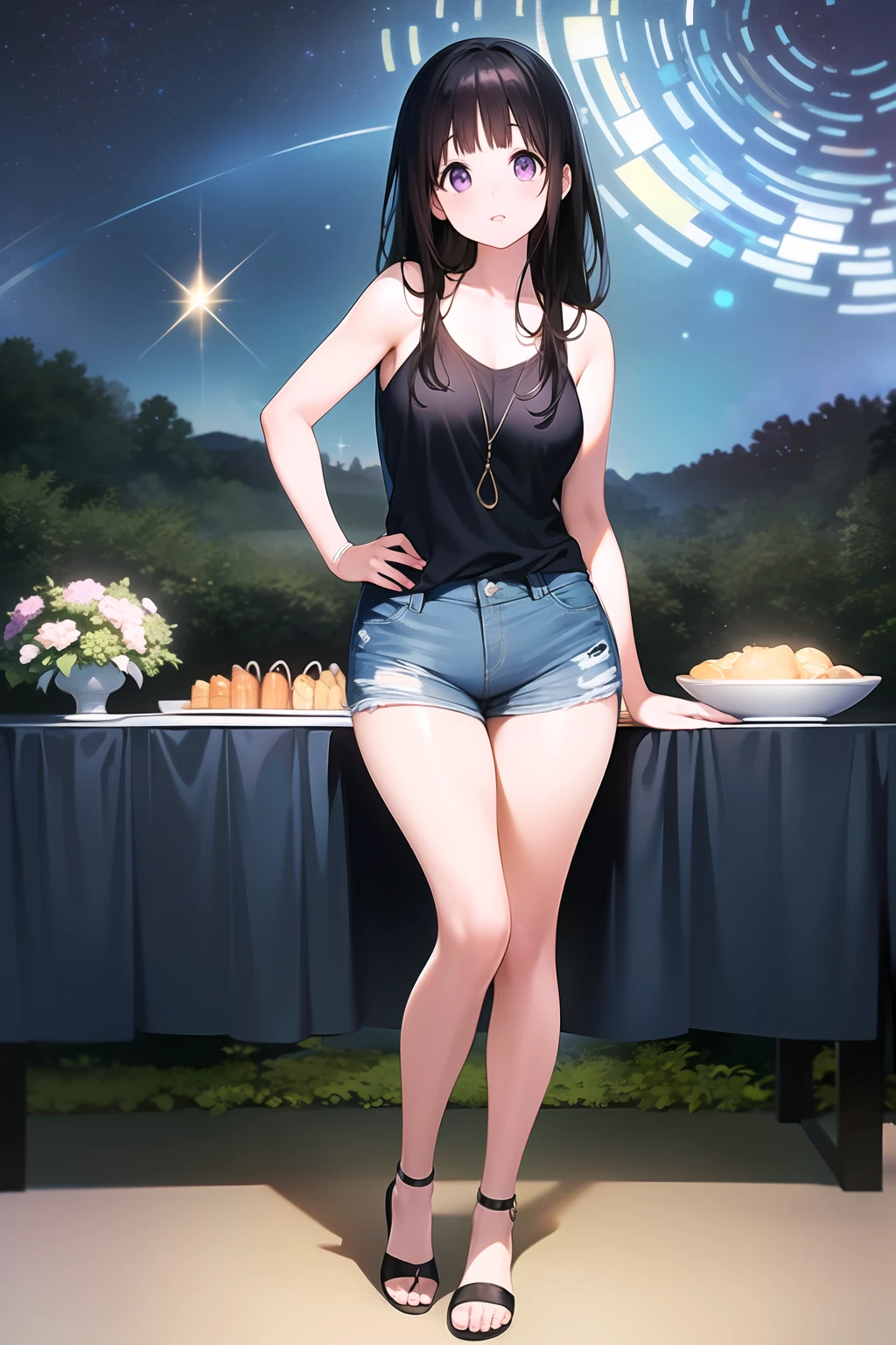 (A superb exquisite Chitanda Eru), (full body), purple eyes, black hair, natural straight hair, straight bangs, solo, (standing next to the buffet table), ((starry night)), (shorts jeans), (garden), extremely delicate, straight facial features, peerless beautiful girl, soft, (sensual face), dreamy quality, exaggerated facial features, solid color, frank holly, delicate face, bright lips, slender waist, soft curves, real light and shadow, super fine, 4k, natural moving, Ultra high resolution, (masterpiece:1.2, best quality), (finely detailed beautiful eyes: 1.2), (beautiful detailed face)