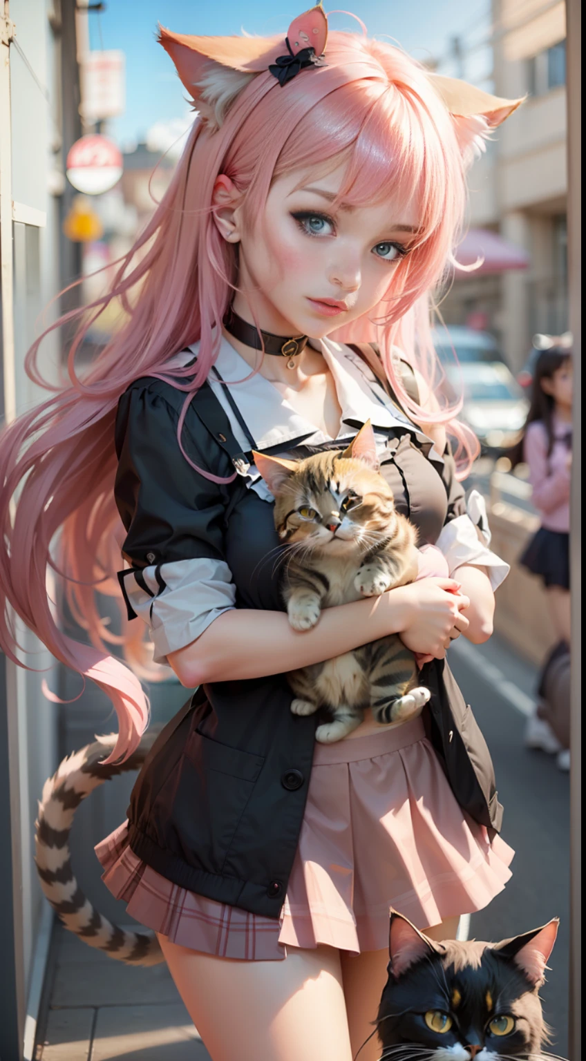 There is a woman with pink hair and cat ears, very beautiful cute catgirl, attractive cat girl, real life anime girl, Hyper realistic anime, beautiful anime catgirl, anime catgirl, beautiful young catgirl, Very Beautiful Anime Cat Girl, a hyperrealistic schoolgirl, Seductive Anime Girl, cute anime catgirl, Anime girl with cat ears