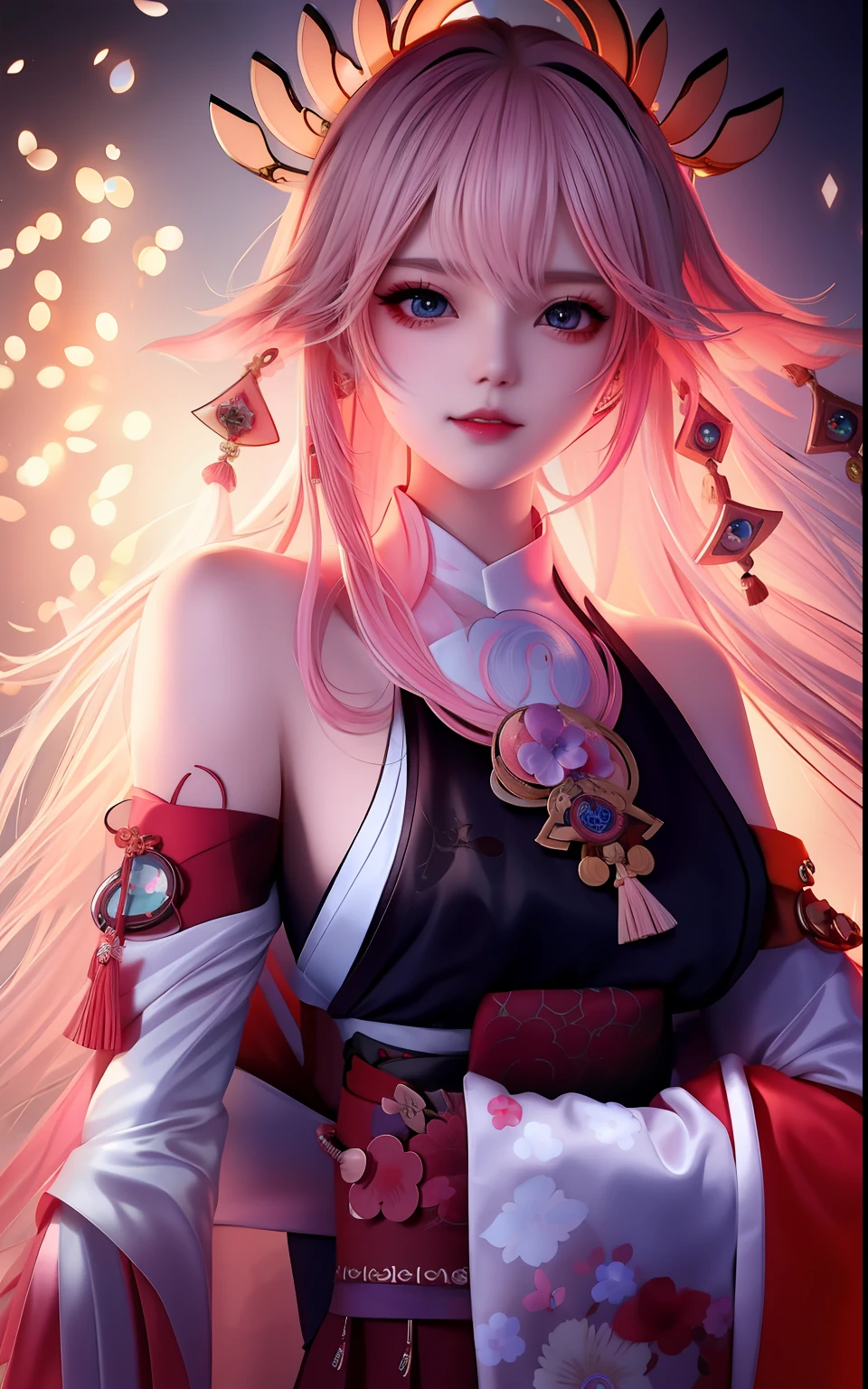 Japanese girl holding fan, kimono, cyberpunk, white hair, huge pink halo on background, mood light, zodiac girl's, punk, holding a fan,