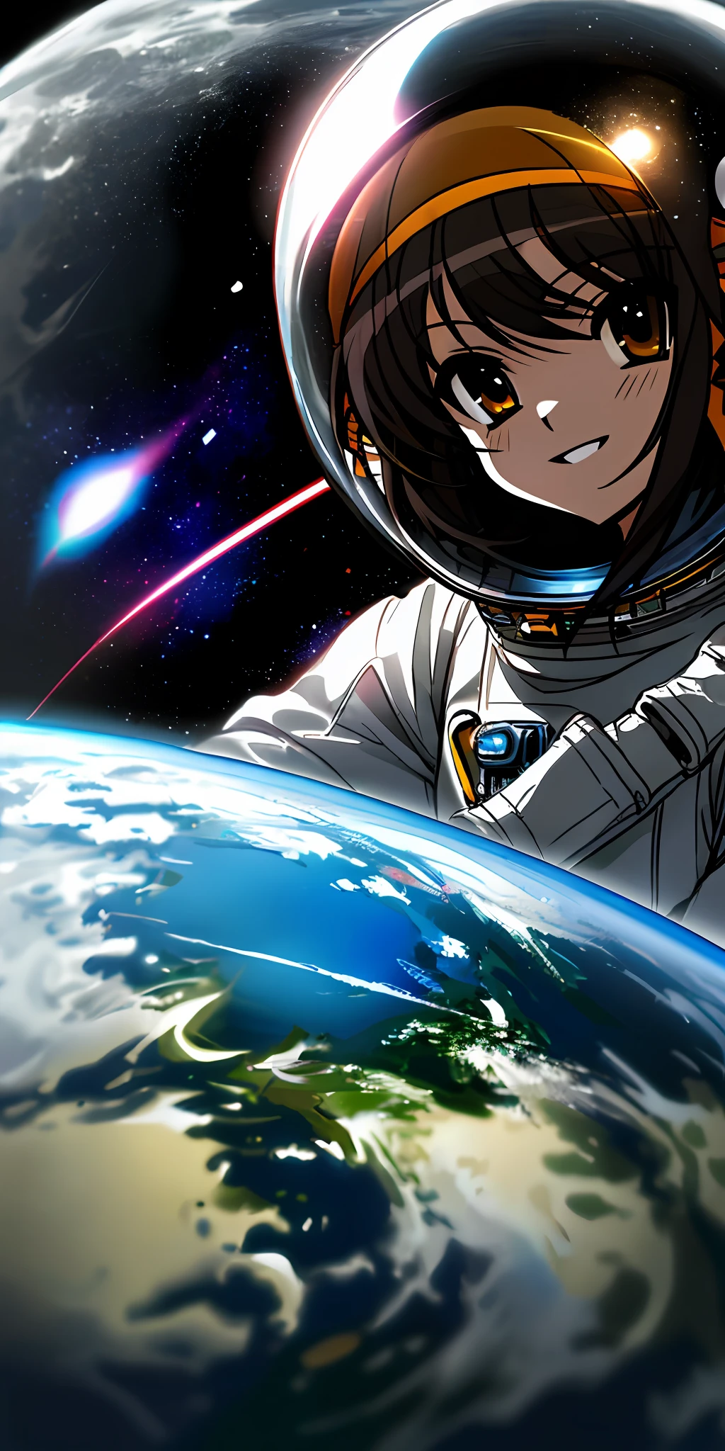 Extreme high quality detailed close-up picture of suzumiya haruhi, Looks happy and amazed, focuses on her upper body. She is in an astronaut helmet and astronaut suit. standing on the moon. the earth is a high quality and detailed reflection on her helmet
