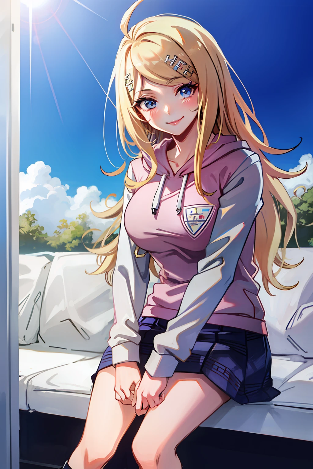 Anime realistic, with yellow hair, long hair and wearing hoodie with caption: Hohidai School. And her is smile girl