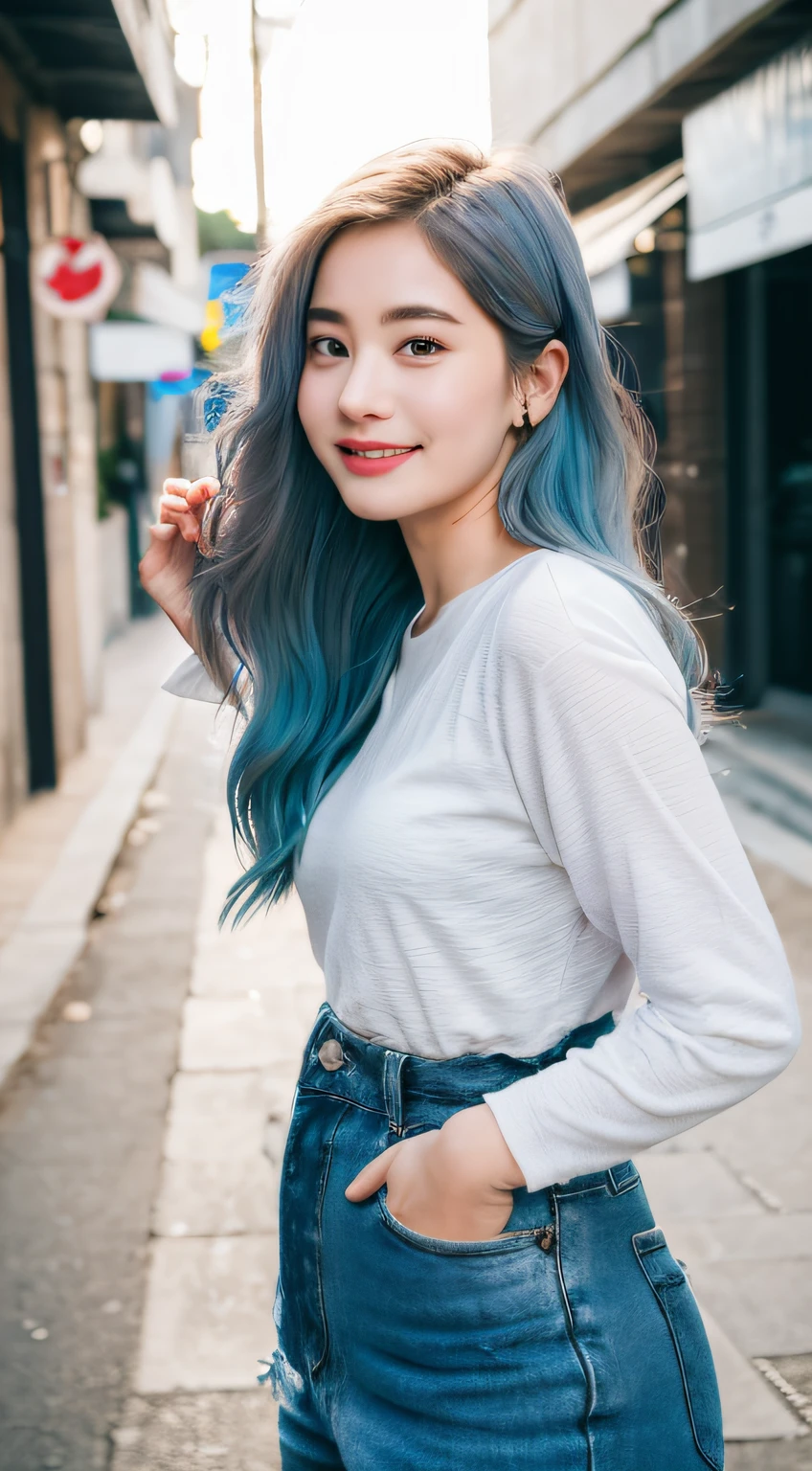 ((best qualtiy,8k,tmasterpiece:1.3)), 1girll, ssmile, full bodyesbian, Slim Faces, Beautiful woman, (blue hairs), Super detailed face, Detailed eyes, 二重まぶた, blur backgroun, Slim Faces, 城市, do lado de fora, the street,