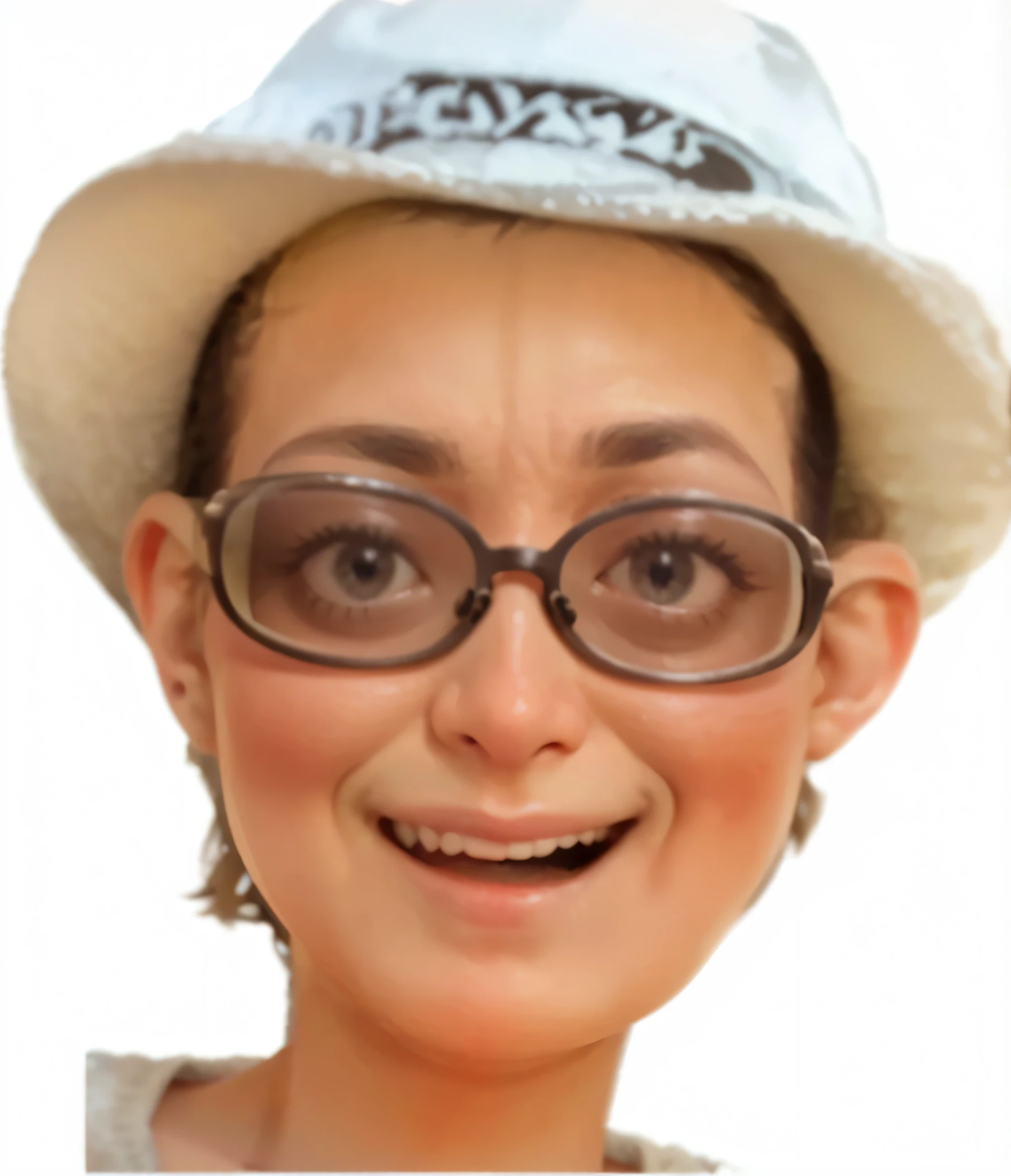 a woman wearing a hat and glasses smiling for the camera, como uma pessoa real, pele bronzeada, rosto claro.
