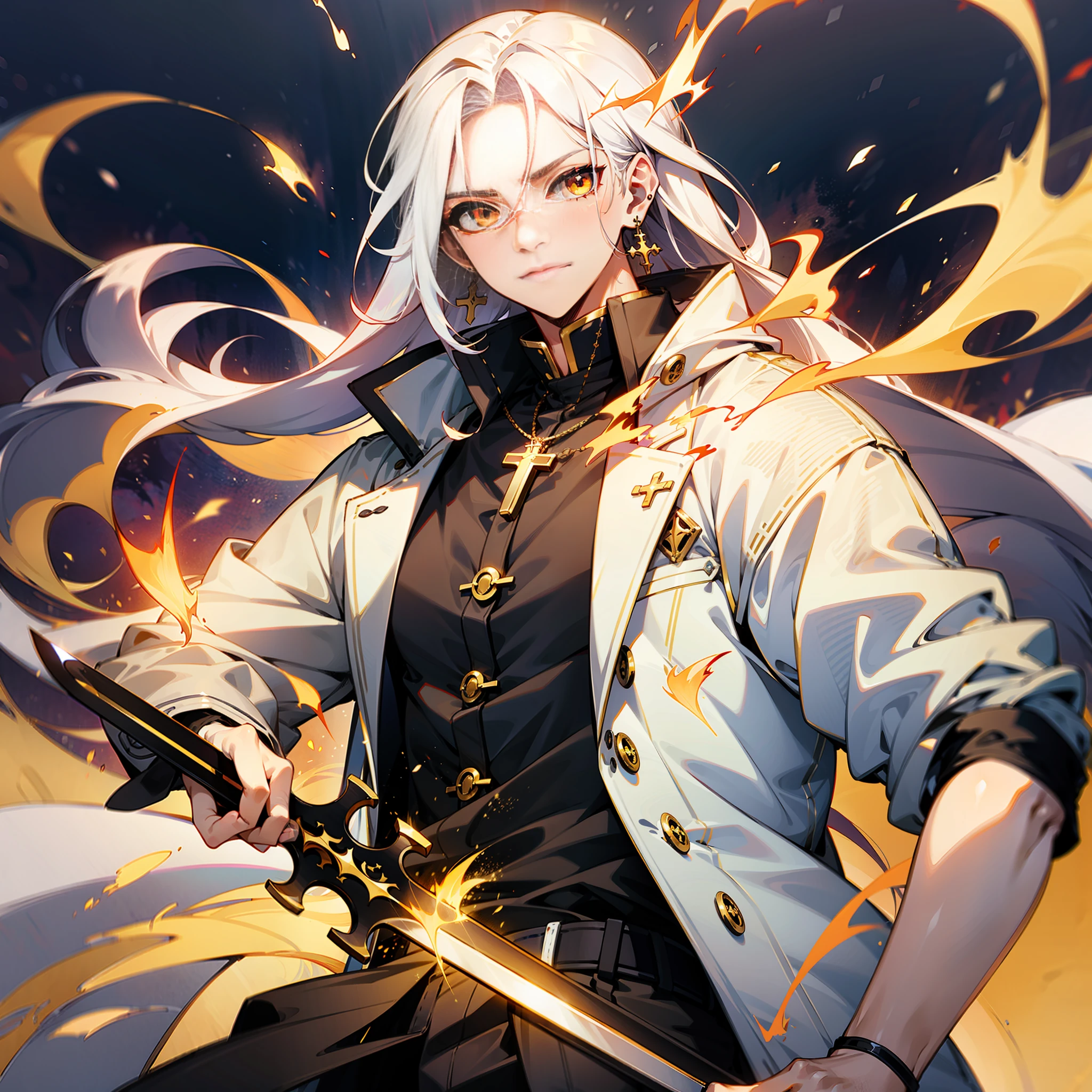 man, tall, white coat, white long hair, golden eyes, cross earring in one ear, golden buttons, sword in hand, fire on the background