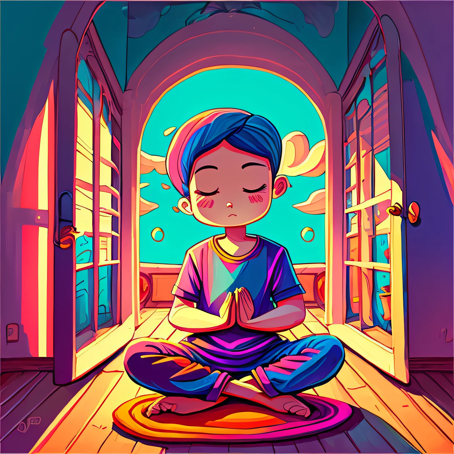 cartoon de um monge meditando, envolto em cores vibrantes e chamativas. A figura do monge representa serenidade e paz interior, while intense colors capture attention and convey a sense of positive energy
